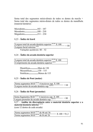 91
Soma total dos segmentos mésio-distais de todos os dentes da maxila +
Soma total dos segmentos mésio-distais de todos os dentes da mandíbula
(material dentário)
Microdonto......................183 – 187
Mesodonto.......................188 – 210
Megadonto.......................211 – 234
8,23 – Índice de Izard
Largura total da arcada dentária superior (8,10)
X 100
Largura facial máxima (4,8) = 50
Variações aceitáveis: 48 – 52
8,24 – Índice da arcada dentária superior
Largura total da arcada dentária superior (8,10)
X 100
Comprimento da arcada dentária superior (8,5)
Diastólicas..............Mais de 130
Mesastólicas...........130 – 115
Sistólicas.................Menos de 115
8,25 – Índice de Pont (molar)
Soma segmentos M-D (8,16)
4 incisivos sup. X 100
Largura molar da arcada dentária sup. (8,14 ) = 64
8,26 – Índice de Pont (premolar)
Soma Segmentos M-D (8,16)
4 incisivos sup. X 100
Largura premolar da arcada dentária sup. (8,15 ) = 80
8,27 – Análise da discrepância entre o material dentário superior e o
material dentário inferior (8,22)
(com 12 dentes de cada arcada)
Soma segmentos M-D (8,16)
de 46 até 36
Soma segmentos M-D (8,16)
de l6 até 26
X 100 = 91,3
 
