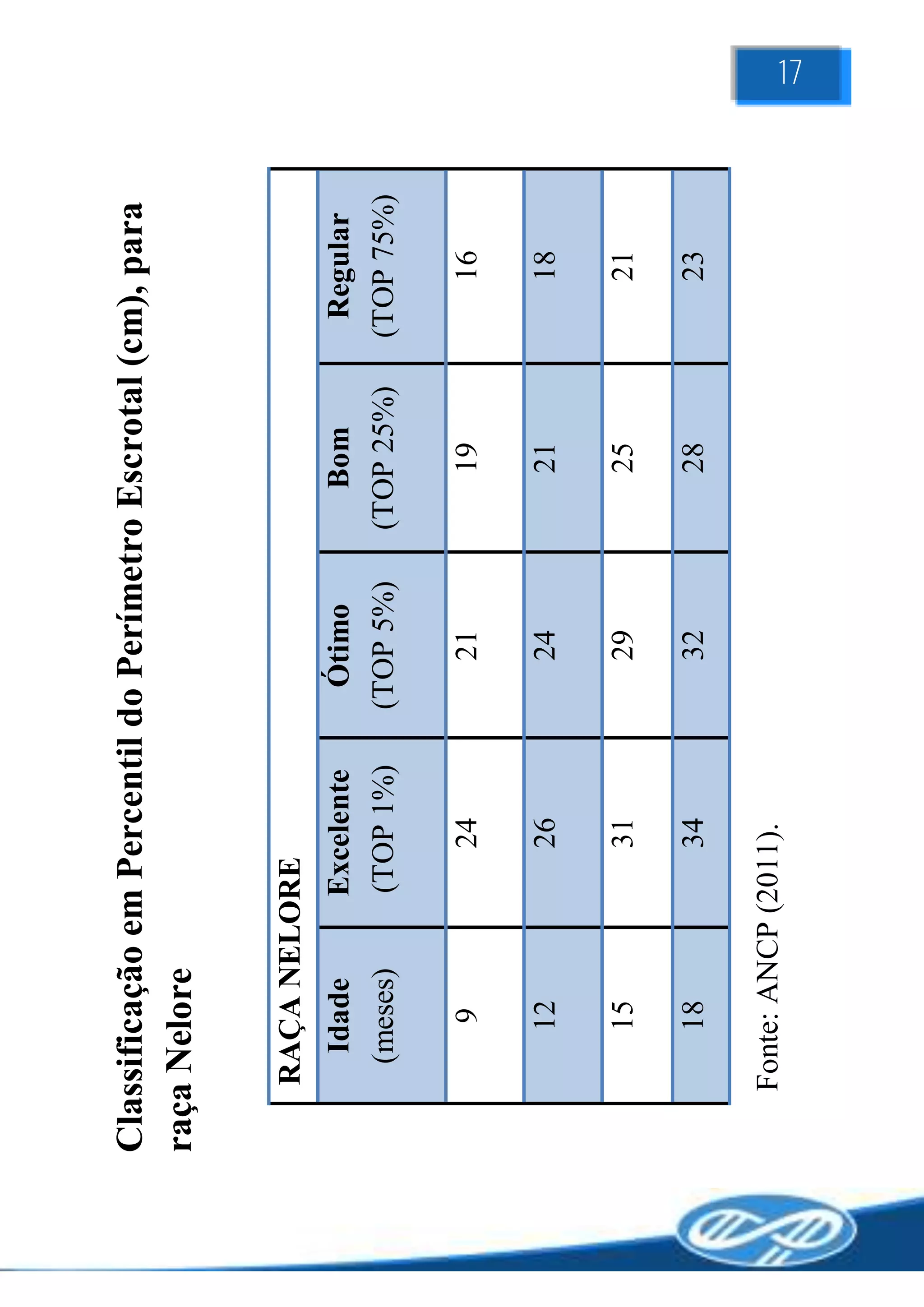 Classificação em Percentil do Perímetro Escrotal (cm), para
raça Nelore

    RAÇA NELORE
      Idade     Excelente     Ótimo       Bom       Regular
     (meses)    (TOP 1%)    (TOP 5%)   (TOP 25%)   (TOP 75%)

        9           24         21         19          16

       12           26         24         21          18

       15           31         29         25          21

       18           34         32         28          23

   Fonte: ANCP (2011).
                                                               17
 