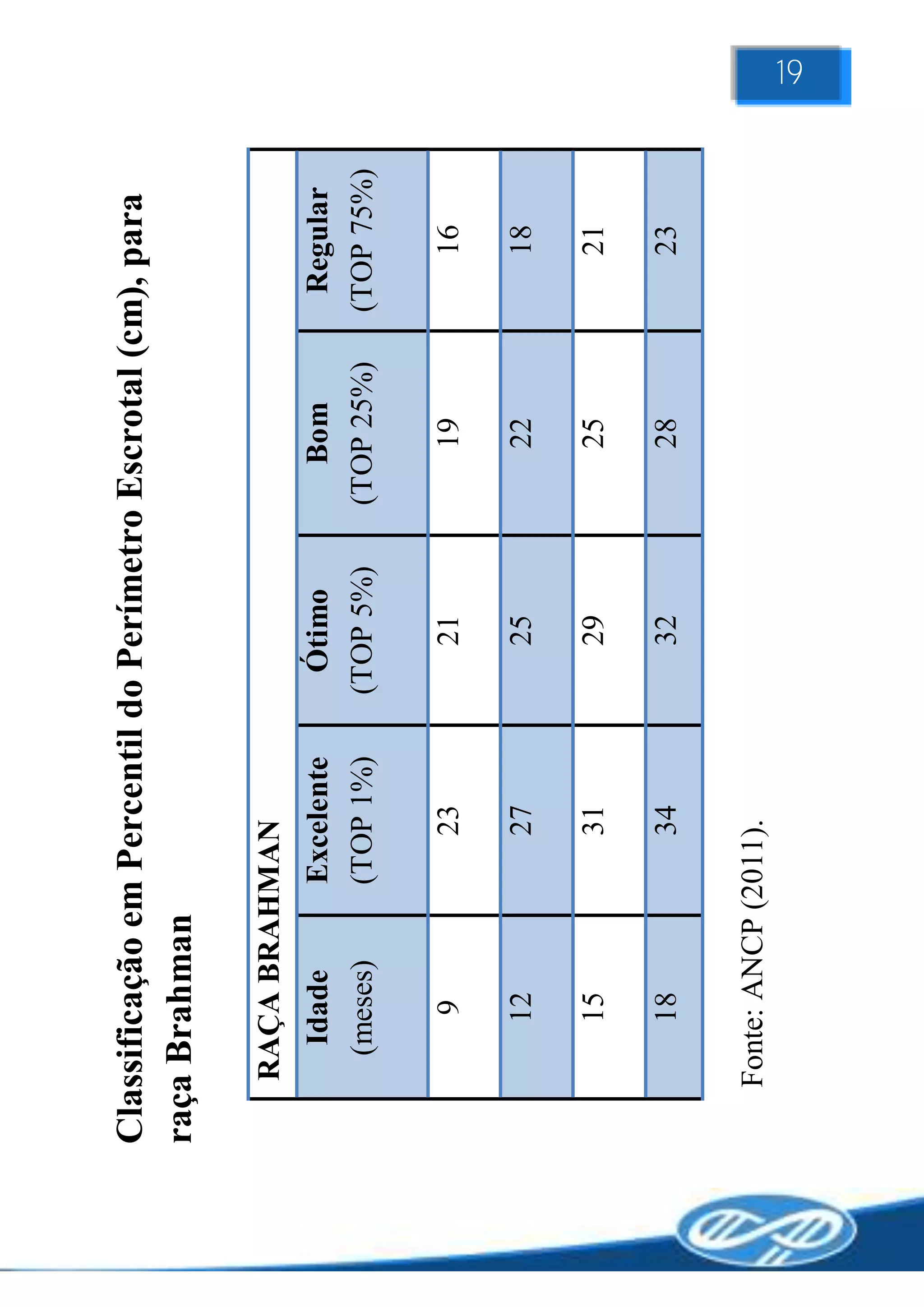 Classificação em Percentil do Perímetro Escrotal (cm), para
raça Brahman

   RAÇA BRAHMAN
      Idade      Excelente     Ótimo       Bom       Regular
     (meses)     (TOP 1%)    (TOP 5%)   (TOP 25%)   (TOP 75%)

        9           23          21         19          16

       12           27          25         22          18

       15           31          29         25          21

       18           34          32         28          23

   Fonte: ANCP (2011).
                                                                19
 