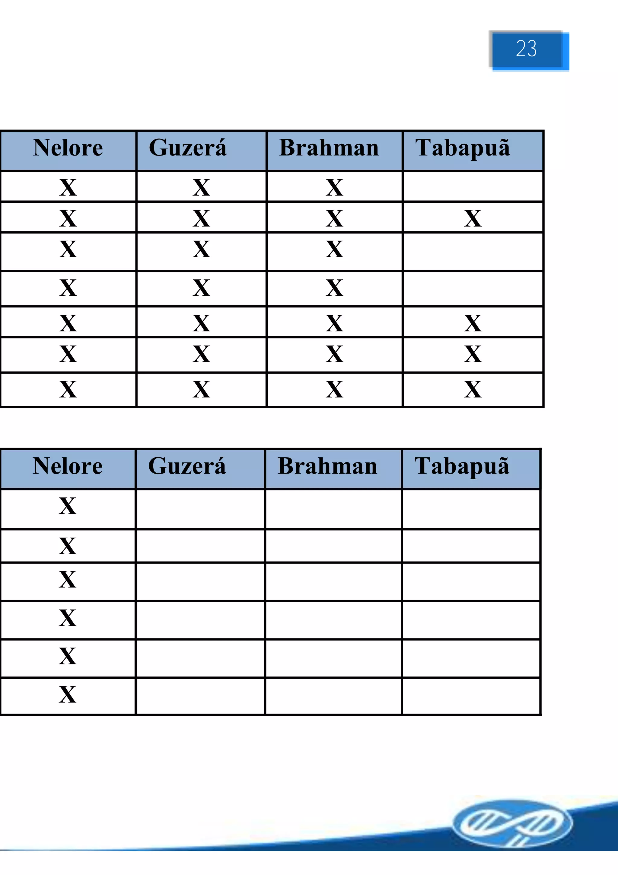 23



Nelore   Guzerá   Brahman   Tabapuã
  X         X        X
  X         X        X         X
  X         X        X
  X         X        X
  X         X        X         X
  X         X        X         X
  X         X        X         X


Nelore   Guzerá   Brahman   Tabapuã
  X
  X
  X
  X
  X
  X
 
