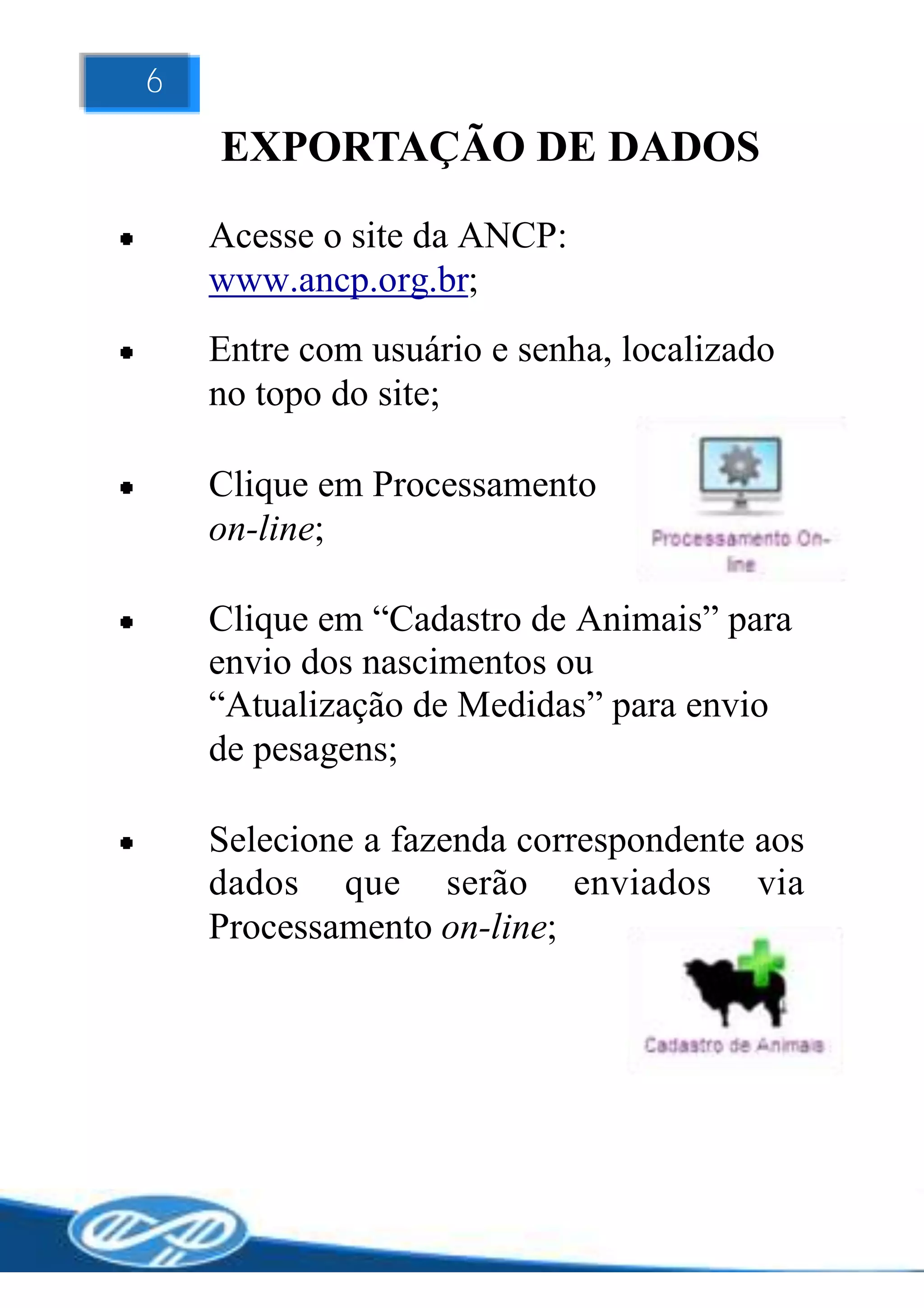 6

    EXPORTAÇÃO DE DADOS
    Acesse o site da ANCP:
    www.ancp.org.br;
    Entre com usuário e senha, localizado
    no topo do site;

    Clique em Processamento
    on-line;

    Clique em “Cadastro de Animais” para
    envio dos nascimentos ou
    “Atualização de Medidas” para envio
    de pesagens;

    Selecione a fazenda correspondente aos
    dados que serão enviados via
    Processamento on-line;
 