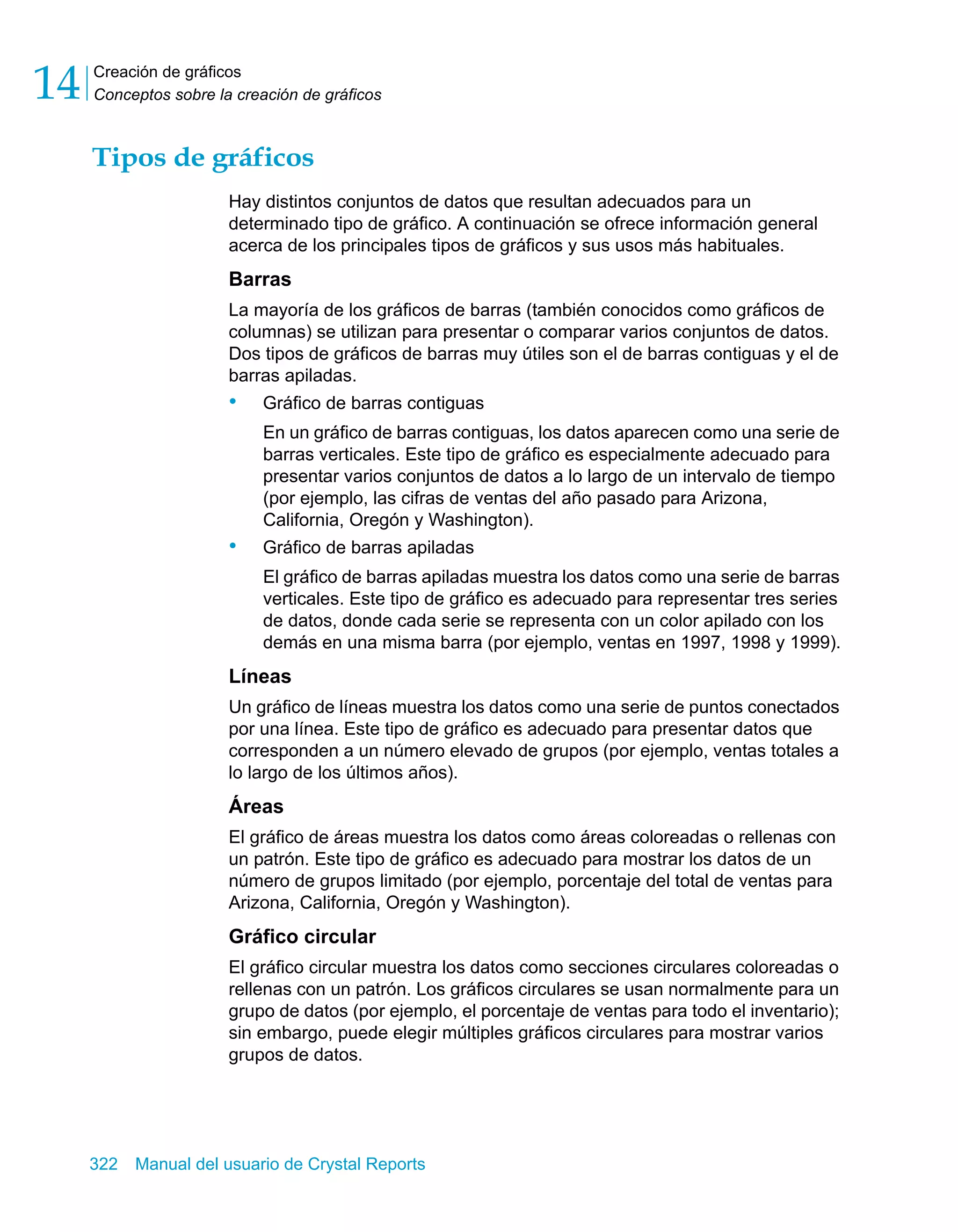 Creación de gráficos 
Conceptos sobre la creación de gráficos 14 
Tipos de gráficos 
Hay distintos conjuntos de datos que resultan adecuados para un 
determinado tipo de gráfico. A continuación se ofrece información general 
acerca de los principales tipos de gráficos y sus usos más habituales. 
Barras 
La mayoría de los gráficos de barras (también conocidos como gráficos de 
columnas) se utilizan para presentar o comparar varios conjuntos de datos. 
Dos tipos de gráficos de barras muy útiles son el de barras contiguas y el de 
barras apiladas. 
• Gráfico de barras contiguas 
En un gráfico de barras contiguas, los datos aparecen como una serie de 
barras verticales. Este tipo de gráfico es especialmente adecuado para 
presentar varios conjuntos de datos a lo largo de un intervalo de tiempo 
(por ejemplo, las cifras de ventas del año pasado para Arizona, 
California, Oregón y Washington). 
• Gráfico de barras apiladas 
El gráfico de barras apiladas muestra los datos como una serie de barras 
verticales. Este tipo de gráfico es adecuado para representar tres series 
de datos, donde cada serie se representa con un color apilado con los 
demás en una misma barra (por ejemplo, ventas en 1997, 1998 y 1999). 
Líneas 
Un gráfico de líneas muestra los datos como una serie de puntos conectados 
por una línea. Este tipo de gráfico es adecuado para presentar datos que 
corresponden a un número elevado de grupos (por ejemplo, ventas totales a 
lo largo de los últimos años). 
Áreas 
El gráfico de áreas muestra los datos como áreas coloreadas o rellenas con 
un patrón. Este tipo de gráfico es adecuado para mostrar los datos de un 
número de grupos limitado (por ejemplo, porcentaje del total de ventas para 
Arizona, California, Oregón y Washington). 
Gráfico circular 
El gráfico circular muestra los datos como secciones circulares coloreadas o 
rellenas con un patrón. Los gráficos circulares se usan normalmente para un 
grupo de datos (por ejemplo, el porcentaje de ventas para todo el inventario); 
sin embargo, puede elegir múltiples gráficos circulares para mostrar varios 
grupos de datos. 
322 Manual del usuario de Crystal Reports 
 