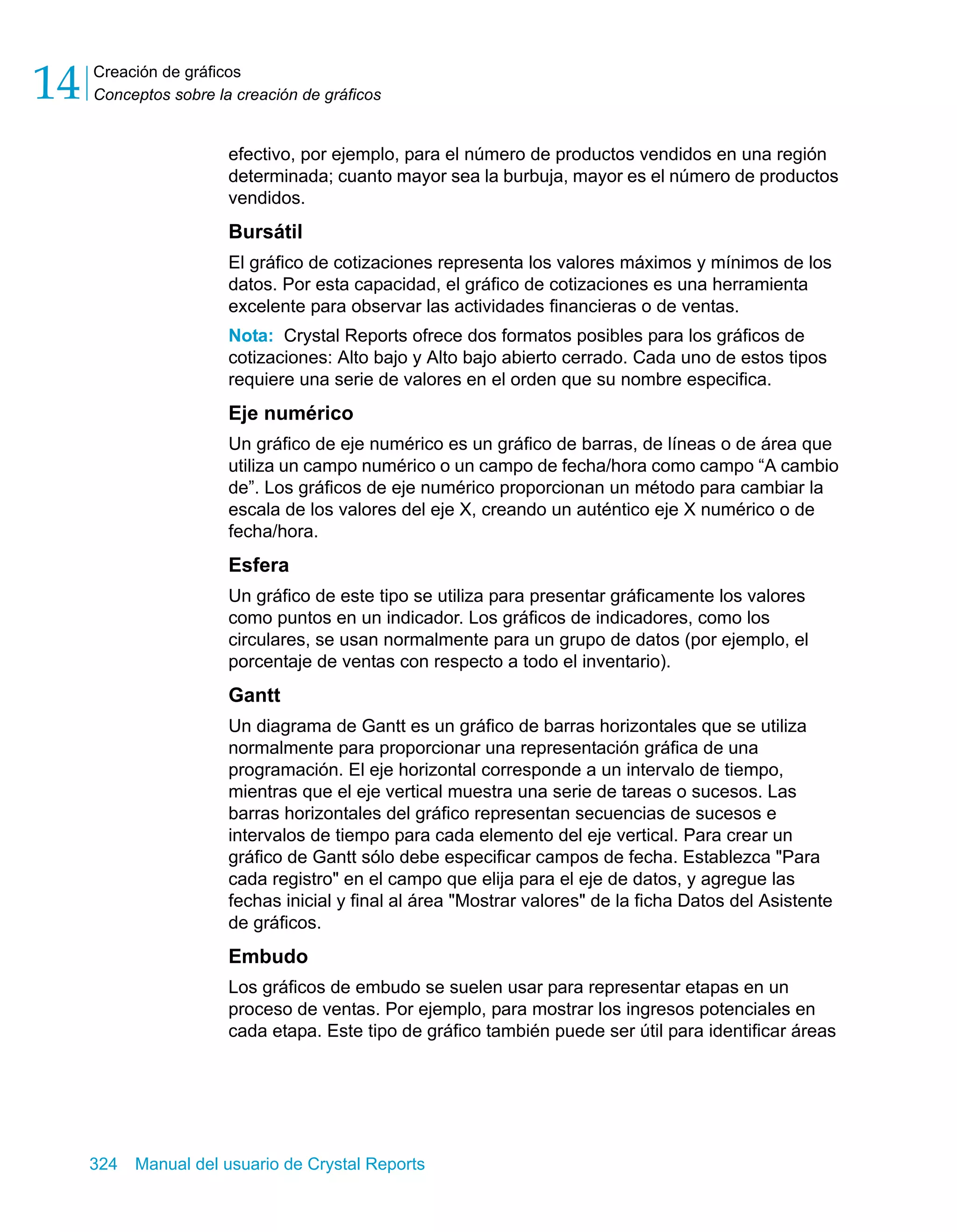 Creación de gráficos 
Conceptos sobre la creación de gráficos 14 
efectivo, por ejemplo, para el número de productos vendidos en una región 
determinada; cuanto mayor sea la burbuja, mayor es el número de productos 
vendidos. 
Bursátil 
El gráfico de cotizaciones representa los valores máximos y mínimos de los 
datos. Por esta capacidad, el gráfico de cotizaciones es una herramienta 
excelente para observar las actividades financieras o de ventas. 
Nota: Crystal Reports ofrece dos formatos posibles para los gráficos de 
cotizaciones: Alto bajo y Alto bajo abierto cerrado. Cada uno de estos tipos 
requiere una serie de valores en el orden que su nombre especifica. 
Eje numérico 
Un gráfico de eje numérico es un gráfico de barras, de líneas o de área que 
utiliza un campo numérico o un campo de fecha/hora como campo “A cambio 
de”. Los gráficos de eje numérico proporcionan un método para cambiar la 
escala de los valores del eje X, creando un auténtico eje X numérico o de 
fecha/hora. 
Esfera 
Un gráfico de este tipo se utiliza para presentar gráficamente los valores 
como puntos en un indicador. Los gráficos de indicadores, como los 
circulares, se usan normalmente para un grupo de datos (por ejemplo, el 
porcentaje de ventas con respecto a todo el inventario). 
Gantt 
Un diagrama de Gantt es un gráfico de barras horizontales que se utiliza 
normalmente para proporcionar una representación gráfica de una 
programación. El eje horizontal corresponde a un intervalo de tiempo, 
mientras que el eje vertical muestra una serie de tareas o sucesos. Las 
barras horizontales del gráfico representan secuencias de sucesos e 
intervalos de tiempo para cada elemento del eje vertical. Para crear un 
gráfico de Gantt sólo debe especificar campos de fecha. Establezca "Para 
cada registro" en el campo que elija para el eje de datos, y agregue las 
fechas inicial y final al área "Mostrar valores" de la ficha Datos del Asistente 
de gráficos. 
Embudo 
Los gráficos de embudo se suelen usar para representar etapas en un 
proceso de ventas. Por ejemplo, para mostrar los ingresos potenciales en 
cada etapa. Este tipo de gráfico también puede ser útil para identificar áreas 
324 Manual del usuario de Crystal Reports 
 