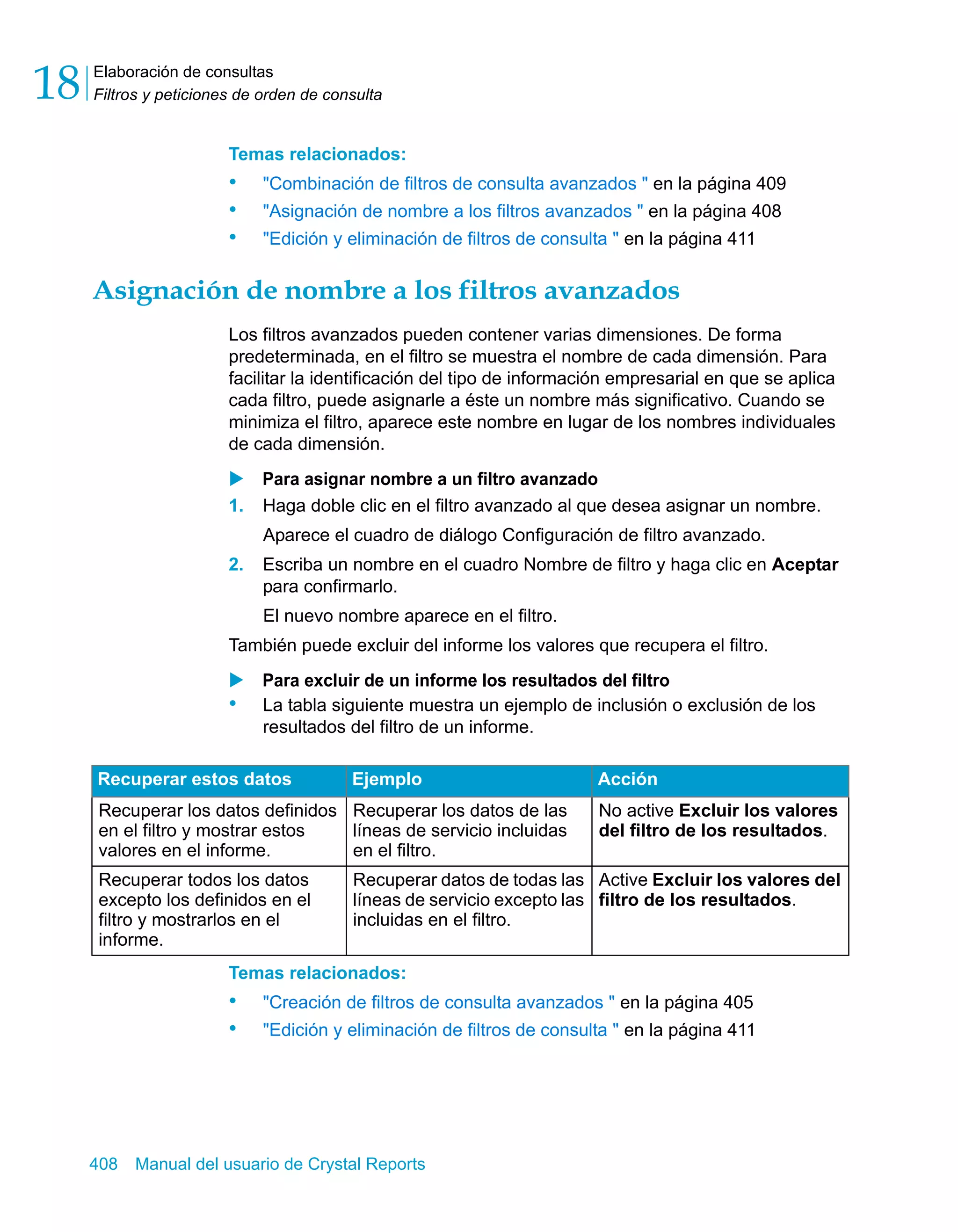 Elaboración de consultas 
Filtros y peticiones de orden de consulta 18 
Temas relacionados: 
• "Combinación de filtros de consulta avanzados " en la página 409 
• "Asignación de nombre a los filtros avanzados " en la página 408 
• "Edición y eliminación de filtros de consulta " en la página 411 
Asignación de nombre a los filtros avanzados 
Los filtros avanzados pueden contener varias dimensiones. De forma 
predeterminada, en el filtro se muestra el nombre de cada dimensión. Para 
facilitar la identificación del tipo de información empresarial en que se aplica 
cada filtro, puede asignarle a éste un nombre más significativo. Cuando se 
minimiza el filtro, aparece este nombre en lugar de los nombres individuales 
de cada dimensión. 
X Para asignar nombre a un filtro avanzado 
1. Haga doble clic en el filtro avanzado al que desea asignar un nombre. 
Aparece el cuadro de diálogo Configuración de filtro avanzado. 
2. Escriba un nombre en el cuadro Nombre de filtro y haga clic en Aceptar 
para confirmarlo. 
El nuevo nombre aparece en el filtro. 
También puede excluir del informe los valores que recupera el filtro. 
X Para excluir de un informe los resultados del filtro 
• La tabla siguiente muestra un ejemplo de inclusión o exclusión de los 
resultados del filtro de un informe. 
Recuperar estos datos Ejemplo Acción 
Recuperar los datos definidos 
Recuperar los datos de las 
en el filtro y mostrar estos 
líneas de servicio incluidas 
valores en el informe. 
en el filtro. 
Temas relacionados: 
• "Creación de filtros de consulta avanzados " en la página 405 
• "Edición y eliminación de filtros de consulta " en la página 411 
408 Manual del usuario de Crystal Reports 
No active Excluir los valores 
del filtro de los resultados. 
Recuperar todos los datos 
excepto los definidos en el 
filtro y mostrarlos en el 
informe. 
Recuperar datos de todas las 
líneas de servicio excepto las 
incluidas en el filtro. 
Active Excluir los valores del 
filtro de los resultados. 
 