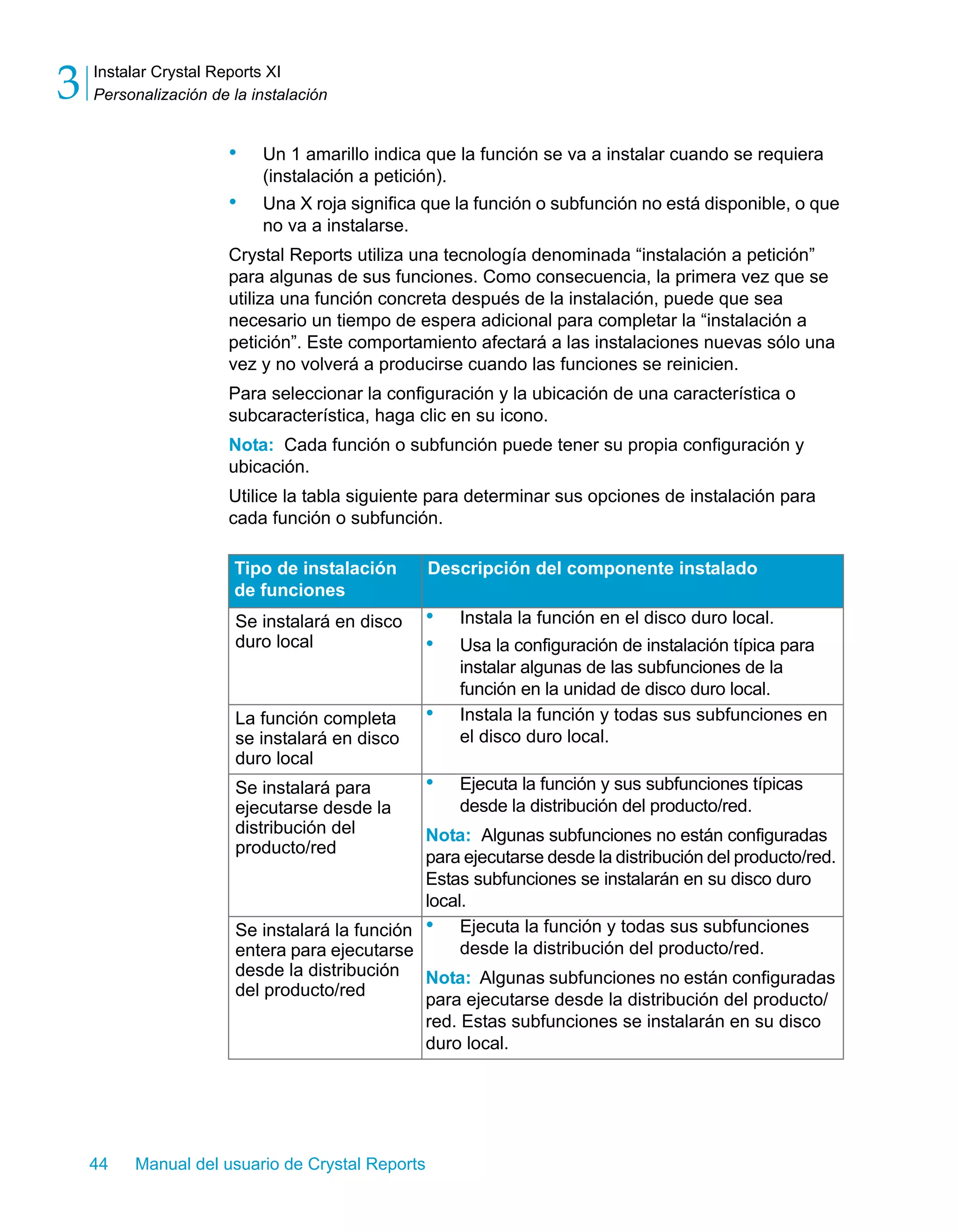 Instalar Crystal Reports XI 
Personalización de la instalación 3 
• Un 1 amarillo indica que la función se va a instalar cuando se requiera 
(instalación a petición). 
• Una X roja significa que la función o subfunción no está disponible, o que 
no va a instalarse. 
Crystal Reports utiliza una tecnología denominada “instalación a petición” 
para algunas de sus funciones. Como consecuencia, la primera vez que se 
utiliza una función concreta después de la instalación, puede que sea 
necesario un tiempo de espera adicional para completar la “instalación a 
petición”. Este comportamiento afectará a las instalaciones nuevas sólo una 
vez y no volverá a producirse cuando las funciones se reinicien. 
Para seleccionar la configuración y la ubicación de una característica o 
subcaracterística, haga clic en su icono. 
Nota: Cada función o subfunción puede tener su propia configuración y 
ubicación. 
Utilice la tabla siguiente para determinar sus opciones de instalación para 
cada función o subfunción. 
Tipo de instalación 
de funciones 
44 Manual del usuario de Crystal Reports 
Descripción del componente instalado 
Se instalará en disco 
duro local 
• Instala la función en el disco duro local. 
• Usa la configuración de instalación típica para 
instalar algunas de las subfunciones de la 
función en la unidad de disco duro local. 
La función completa 
se instalará en disco 
duro local 
• Instala la función y todas sus subfunciones en 
el disco duro local. 
Se instalará para 
ejecutarse desde la 
distribución del 
producto/red 
• Ejecuta la función y sus subfunciones típicas 
desde la distribución del producto/red. 
Nota: Algunas subfunciones no están configuradas 
para ejecutarse desde la distribución del producto/red. 
Estas subfunciones se instalarán en su disco duro 
local. 
Se instalará la función 
entera para ejecutarse 
desde la distribución 
del producto/red 
• Ejecuta la función y todas sus subfunciones 
desde la distribución del producto/red. 
Nota: Algunas subfunciones no están configuradas 
para ejecutarse desde la distribución del producto/ 
red. Estas subfunciones se instalarán en su disco 
duro local. 
 