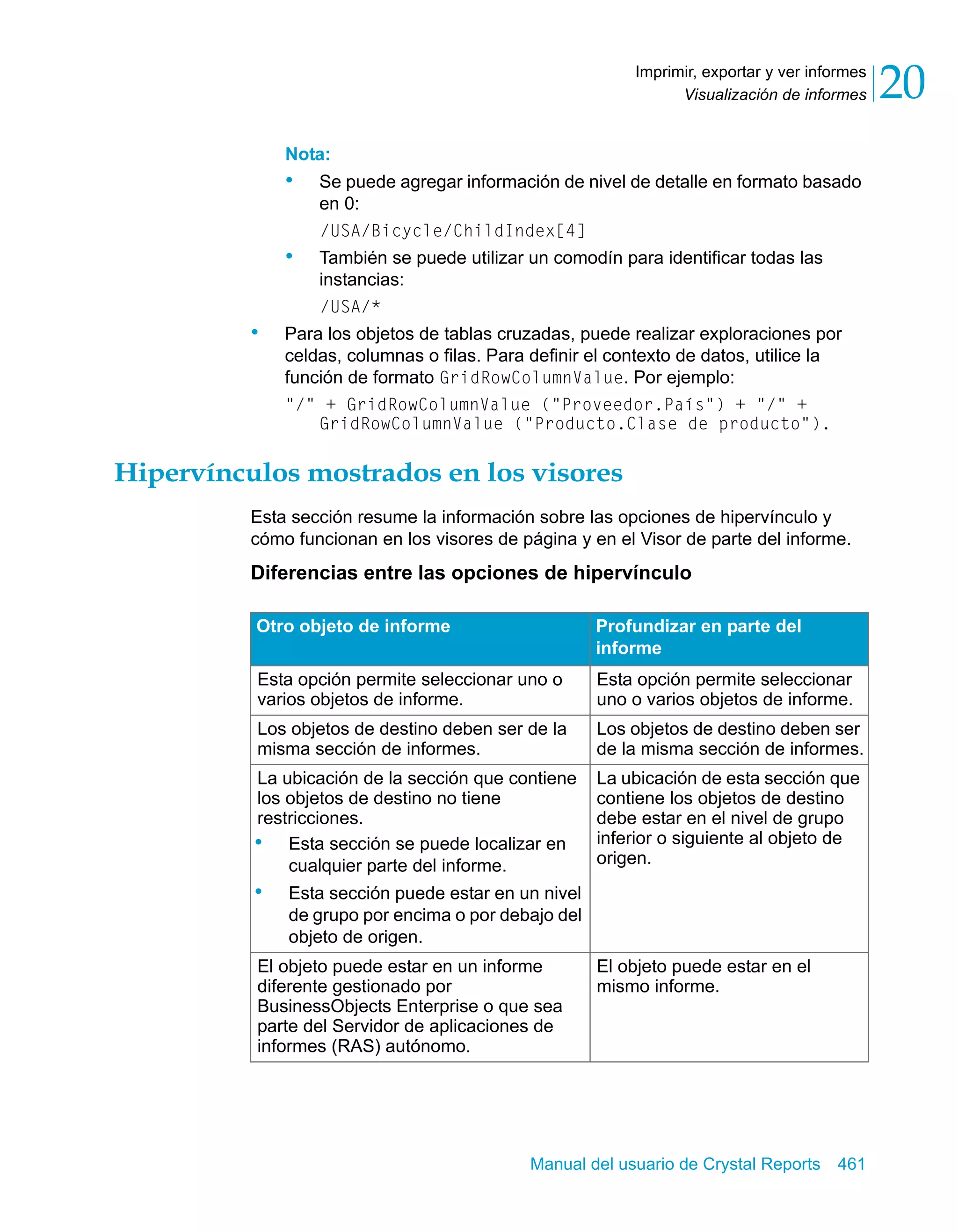 Visualización de informes 20 
Imprimir, exportar y ver informes 
Nota: 
• Se puede agregar información de nivel de detalle en formato basado 
en 0: 
/USA/Bicycle/ChildIndex[4] 
• También se puede utilizar un comodín para identificar todas las 
Manual del usuario de Crystal Reports 461 
instancias: 
/USA/* 
• Para los objetos de tablas cruzadas, puede realizar exploraciones por 
celdas, columnas o filas. Para definir el contexto de datos, utilice la 
función de formato GridRowColumnValue. Por ejemplo: 
"/" + GridRowColumnValue ("Proveedor.País") + "/" + 
GridRowColumnValue ("Producto.Clase de producto"). 
Hipervínculos mostrados en los visores 
Esta sección resume la información sobre las opciones de hipervínculo y 
cómo funcionan en los visores de página y en el Visor de parte del informe. 
Diferencias entre las opciones de hipervínculo 
Otro objeto de informe Profundizar en parte del 
informe 
Esta opción permite seleccionar uno o 
varios objetos de informe. 
Esta opción permite seleccionar 
uno o varios objetos de informe. 
Los objetos de destino deben ser de la 
misma sección de informes. 
Los objetos de destino deben ser 
de la misma sección de informes. 
La ubicación de la sección que contiene 
los objetos de destino no tiene 
restricciones. 
• Esta sección se puede localizar en 
cualquier parte del informe. 
• Esta sección puede estar en un nivel 
de grupo por encima o por debajo del 
objeto de origen. 
La ubicación de esta sección que 
contiene los objetos de destino 
debe estar en el nivel de grupo 
inferior o siguiente al objeto de 
origen. 
El objeto puede estar en un informe 
diferente gestionado por 
BusinessObjects Enterprise o que sea 
parte del Servidor de aplicaciones de 
informes (RAS) autónomo. 
El objeto puede estar en el 
mismo informe. 
 