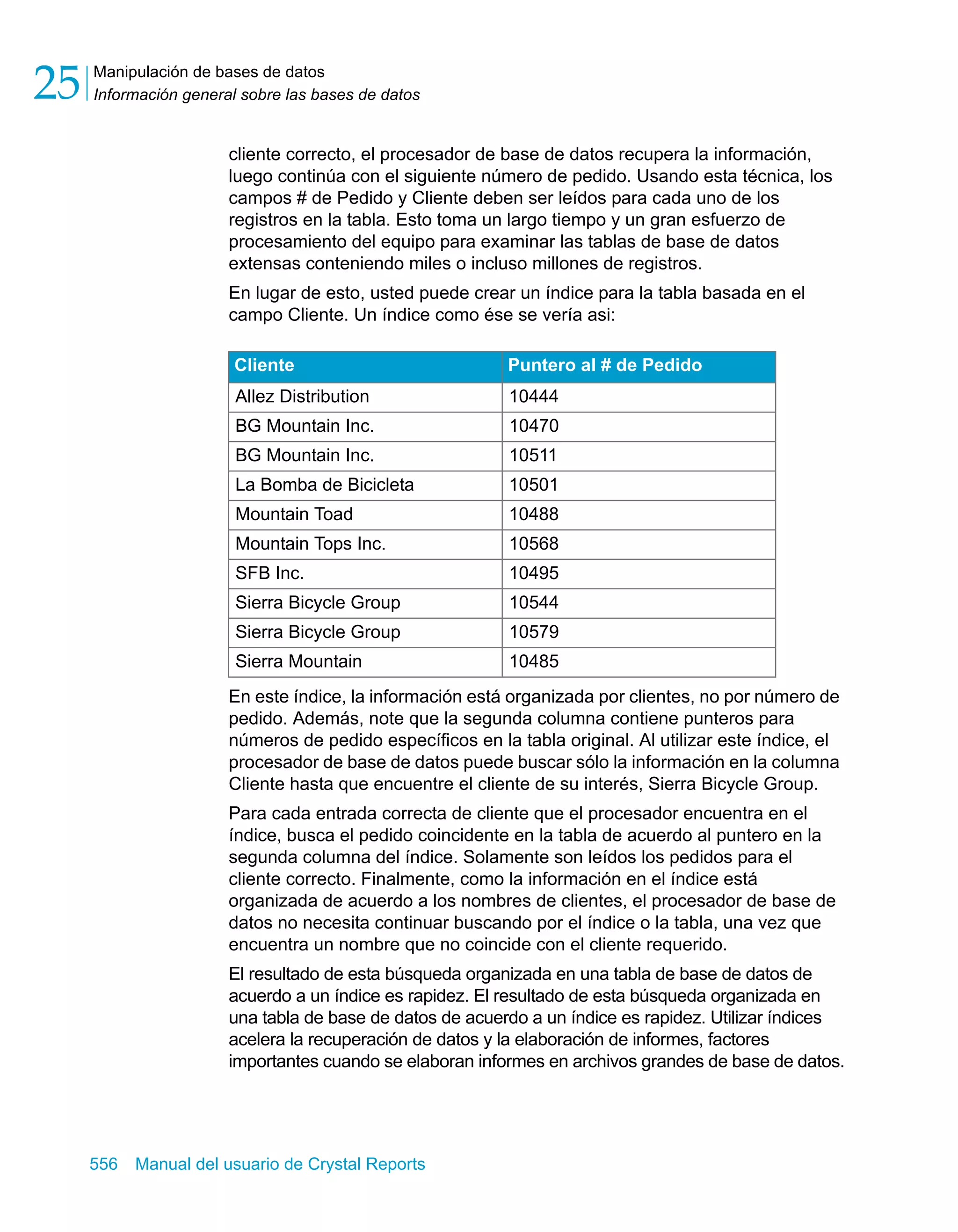 Manipulación de bases de datos 
Información general sobre las bases de datos 25 
cliente correcto, el procesador de base de datos recupera la información, 
luego continúa con el siguiente número de pedido. Usando esta técnica, los 
campos # de Pedido y Cliente deben ser leídos para cada uno de los 
registros en la tabla. Esto toma un largo tiempo y un gran esfuerzo de 
procesamiento del equipo para examinar las tablas de base de datos 
extensas conteniendo miles o incluso millones de registros. 
En lugar de esto, usted puede crear un índice para la tabla basada en el 
campo Cliente. Un índice como ése se vería asi: 
Cliente Puntero al # de Pedido 
Allez Distribution 10444 
BG Mountain Inc. 10470 
BG Mountain Inc. 10511 
La Bomba de Bicicleta 10501 
Mountain Toad 10488 
Mountain Tops Inc. 10568 
SFB Inc. 10495 
Sierra Bicycle Group 10544 
Sierra Bicycle Group 10579 
Sierra Mountain 10485 
En este índice, la información está organizada por clientes, no por número de 
pedido. Además, note que la segunda columna contiene punteros para 
números de pedido específicos en la tabla original. Al utilizar este índice, el 
procesador de base de datos puede buscar sólo la información en la columna 
Cliente hasta que encuentre el cliente de su interés, Sierra Bicycle Group. 
Para cada entrada correcta de cliente que el procesador encuentra en el 
índice, busca el pedido coincidente en la tabla de acuerdo al puntero en la 
segunda columna del índice. Solamente son leídos los pedidos para el 
cliente correcto. Finalmente, como la información en el índice está 
organizada de acuerdo a los nombres de clientes, el procesador de base de 
datos no necesita continuar buscando por el índice o la tabla, una vez que 
encuentra un nombre que no coincide con el cliente requerido. 
El resultado de esta búsqueda organizada en una tabla de base de datos de 
acuerdo a un índice es rapidez. El resultado de esta búsqueda organizada en 
una tabla de base de datos de acuerdo a un índice es rapidez. Utilizar índices 
acelera la recuperación de datos y la elaboración de informes, factores 
importantes cuando se elaboran informes en archivos grandes de base de datos. 
556 Manual del usuario de Crystal Reports 
 