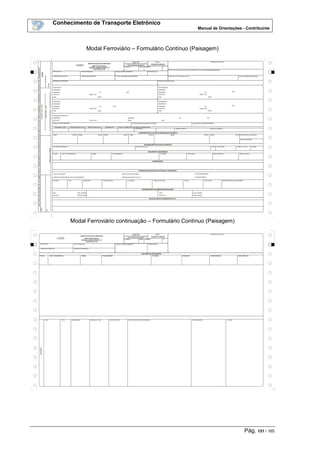 Conhecimento de Transporte Eletrônico
Manual de Orientações - Contribuinte
Pág. 151 / 165
Modal Ferroviário – Formulário Contínuo (Paisagem)
Modal Ferroviário continuação – Formulário Contínuo (Paisagem)
 