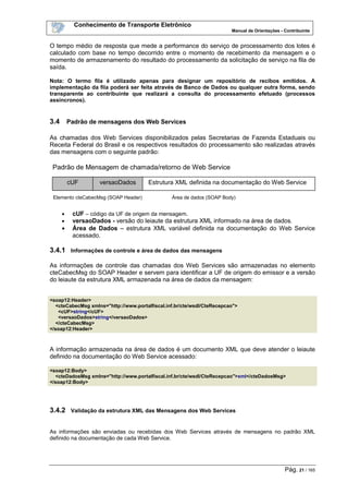 Conhecimento de Transporte Eletrônico
Manual de Orientações - Contribuinte
Pág. 21 / 165
O tempo médio de resposta que mede a performance do serviço de processamento dos lotes é
calculado com base no tempo decorrido entre o momento de recebimento da mensagem e o
momento de armazenamento do resultado do processamento da solicitação de serviço na fila de
saída.
Nota: O termo fila é utilizado apenas para designar um repositório de recibos emitidos. A
implementação da fila poderá ser feita através de Banco de Dados ou qualquer outra forma, sendo
transparente ao contribuinte que realizará a consulta do processamento efetuado (processos
assíncronos).
3.4 Padrão de mensagens dos Web Services
As chamadas dos Web Services disponibilizados pelas Secretarias de Fazenda Estaduais ou
Receita Federal do Brasil e os respectivos resultados do processamento são realizadas através
das mensagens com o seguinte padrão:
• cUF – código da UF de origem da mensagem.
• versaoDados - versão do leiaute da estrutura XML informado na área de dados.
• Área de Dados – estrutura XML variável definida na documentação do Web Service
acessado.
3.4.1 Informações de controle e área de dados das mensagens
As informações de controle das chamadas dos Web Services são armazenadas no elemento
cteCabecMsg do SOAP Header e servem para identificar a UF de origem do emissor e a versão
do leiaute da estrutura XML armazenada na área de dados da mensagem:
<soap12:Header>
<cteCabecMsg xmlns="http://www.portalfiscal.inf.br/cte/wsdl/CteRecepcao">
<cUF>string</cUF>
<versaoDados>string</versaoDados>
</cteCabecMsg>
</soap12:Header>
A informação armazenada na área de dados é um documento XML que deve atender o leiaute
definido na documentação do Web Service acessado:
<soap12:Body>
<cteDadosMsg xmlns="http://www.portalfiscal.inf.br/cte/wsdl/CteRecepcao">xml</cteDadosMsg>
</soap12:Body>
3.4.2 Validação da estrutura XML das Mensagens dos Web Services
As informações são enviadas ou recebidas dos Web Services através de mensagens no padrão XML
definido na documentação de cada Web Service.
cUF Estrutura XML definida na documentação do Web Service
Padrão de Mensagem de chamada/retorno de Web Service
Elemento cteCabecMsg (SOAP Header) Área de dados (SOAP Body)
versaoDados
 