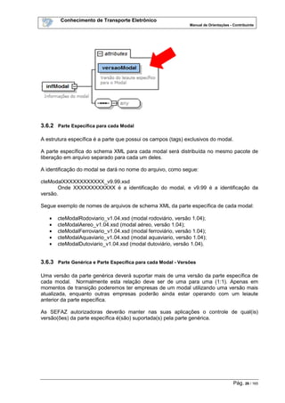 Conhecimento de Transporte Eletrônico
Manual de Orientações - Contribuinte
Pág. 26 / 165
3.6.2 Parte Específica para cada Modal
A estrutura específica é a parte que possui os campos (tags) exclusivos do modal.
A parte específica do schema XML para cada modal será distribuída no mesmo pacote de
liberação em arquivo separado para cada um deles.
A identificação do modal se dará no nome do arquivo, como segue:
cteModalXXXXXXXXXXXX_v9.99.xsd
Onde XXXXXXXXXXXX é a identificação do modal, e v9.99 é a identificação da
versão.
Segue exemplo de nomes de arquivos de schema XML da parte específica de cada modal:
• cteModalRodoviario_v1.04.xsd (modal rodoviário, versão 1.04);
• cteModalAereo_v1.04.xsd (modal aéreo, versão 1.04);
• cteModalFerroviario_v1.04.xsd (modal ferroviário, versão 1.04);
• cteModalAquaviario_v1.04.xsd (modal aquaviario, versão 1.04);
• cteModalDutoviario_v1.04.xsd (modal dutoviário, versão 1.04).
3.6.3 Parte Genérica e Parte Específica para cada Modal - Versões
Uma versão da parte genérica deverá suportar mais de uma versão da parte específica de
cada modal. Normalmente esta relação deve ser de uma para uma (1:1). Apenas em
momentos de transição poderemos ter empresas de um modal utilizando uma versão mais
atualizada, enquanto outras empresas poderão ainda estar operando com um leiaute
anterior da parte específica.
As SEFAZ autorizadoras deverão manter nas suas aplicações o controle de qual(is)
versão(ões) da parte específica é(são) suportada(s) pela parte genérica.
 