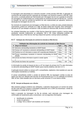 Conhecimento de Transporte Eletrônico
Manual de Orientações - Contribuinte
Pág. 32 / 165
A mensagem será descartada se o tamanho exceder o limite previsto (500 KB). A aplicação do
contribuinte não poderá permitir a geração de mensagem com tamanho superior a 500 KB. Caso
isto ocorra, a conexão poderá ser interrompida sem mensagem de erro se o controle do tamanho
da mensagem for implementado por configurações do ambiente de rede da SEFAZ (ex.: controle
no firewall). No caso de controle de tamanho ter sido implementado por aplicativo, teremos a
devolução da mensagem de erro 214.
No momento do recebimento da mensagem no Web Service, a critério de cada unidade federada
autorizadora, poderá ser verificado se o XML de dados esteja bem formado. Esta verificação é
útil para as UF que desejam armazenar o XML de dados em estrutura XML de banco de dados.
As unidades federadas que mantêm o Web Service disponível mesmo quando o serviço esteja
paralisado, deverão implementar as validações 108 e 109. Estas validações poderão ser
dispensadas caso o Web Service não fique disponível quando o serviço estiver paralisado.
4.1.7 Validação das informações de controle da chamada ao Web Service
Validação das informações de controle da chamada ao Web Service
# Regra de Validação Aplic. Msg Efeito
C01 Elemento cteCabecMsg inexistente no SOAP Header Facult. 242 Rej.
C02 Campo cUF inexistente no elemento cteCabecMsg do SOAP Header Obrig. 409 Rej.
C03 Verificar se a UF informada no campo cUF é atendida pelo WebService Obrig. 410 Rej.
C04 Campo versaoDados inexistente no elemento cteCabecMsg do SOAP
Header
Obrig. 411 Rej.
C05 Versão dos Dados informada é superior à versão vigente Facult. 238 Rej.
C06 Versão dos Dados não suportada Obrig. 239 Rej.
A informação da versão do leiaute do lote e a UF de origem do emissor de CT-e são informados
no elemento cteCabecMsg do SOAP Header (para maiores detalhes vide item 3.4.1).
A aplicação deverá validar os campos cUF e versaoDados, rejeitando o lote recebido em caso de
informações inexistentes ou inválidas.
O campo versaoDados contém a versão do Schema XML da mensagem contida na área de
dados que deve ser utilizado pelo Servidor de Processamento do CT-e na validação do Schema
XML do lote. Cabe ressaltar que um lote deve conter somente CT-e da mesma versão.
4.1.8 Geração da Resposta com o Recibo
Não existindo qualquer problema nas validações, o aplicativo deverá gerar um número de recibo
de lote (vide item 5.5) e gravar a mensagem juntamente com o CNPJ do transmissor, versão da
mensagem e o código da UF de origem.
Após a gravação da mensagem na fila de entrada, será retornada uma mensagem de
confirmação de recebimento para o transmissor, com as seguintes informações:
• identificação do ambiente;
• versão do aplicativo;
• o código 103 e o literal “Lote recebido com Sucesso”;
 