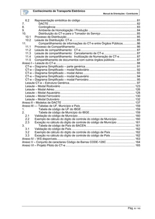 Conhecimento de Transporte Eletrônico
Manual de Orientações - Contribuinte
Pág. 6 / 165
6.2 Representação simbólica do código..................................................................... 81
7. DACTE ............................................................................................................ 82
8. Contingência ................................................................................................... 83
9. Ambiente de Homologação / Produção ........................................................... 84
10. Distribuição do CT-e para o Tomador do Serviço ............................................ 85
10.1 Processo de Distribuição...................................................................................... 85
10.2 Leiaute da Distribuição: CT-e ............................................................................... 85
11. Compartilhamento de informações do CT-e entre Órgãos Públicos................. 86
11.1 Processo de Compartilhamento ........................................................................... 86
11.2 Leiaute de compartilhamento: CT-e..................................................................... 87
11.3 Leiaute de compartilhamento: Cancelamento de CT-e........................................ 87
11.4 Leiaute de compartilhamento: Inutilização de Numeração de CT-e..................... 87
11.5 Compartilhamento de documentos com outros órgãos públicos........................... 87
Anexo I – Leiaute do CT-e ................................................................................................... 88
CT-e – Diagrama Simplificado – parte genérica............................................................... 91
CT-e – Diagrama Simplificado – modal Rodoviário.......................................................... 92
CT-e – Diagrama Simplificado – modal Aéreo ................................................................. 93
CT-e – Diagrama Simplificado – modal Aquaviário .......................................................... 94
CT-e – Diagrama Simplificado – modal Ferroviáro........................................................... 95
Leiaute CT-e – Estrutura Genérica................................................................................... 97
Leiaute – Modal Rodoviário ........................................................................................... 123
Leiaute – Modal Aéreo................................................................................................... 126
Leiaute – Modal Aquaviário............................................................................................ 128
Leiaute – Modal Ferroviário ........................................................................................... 130
Leiaute – Modal Dutoviário ............................................................................................ 132
Anexo II – Modelos de DACTE .......................................................................................... 137
Anexo III –– Tabelas de UF, Município e País ................................................................... 159
1. Tabela de código de UF do IBGE .................................................................. 159
2. Tabela de código de Município do IBGE........................................................ 159
2.1 Validação do código de Município ...................................................................... 160
2.2 Exemplo de cálculo do dígito de controle do código de Município ...................... 160
2.3 Exceção no cálculo do dígito de controle do código de Município ...................... 161
3. Tabela de código de País do BACEN............................................................ 161
3.1 Validação do código de País .............................................................................. 162
3.2 Exemplo de cálculo do dígito de controle do código de País .............................. 162
3.3 Exceção no cálculo do dígito de controle do código de País .............................. 162
Anexo IV – WS disponíveis................................................................................................ 163
Anexo V – Conjunto de caracteres Código de Barras CODE-128C ................................... 164
Anexo VI – Projeto Piloto do CT-e ..................................................................................... 165
 