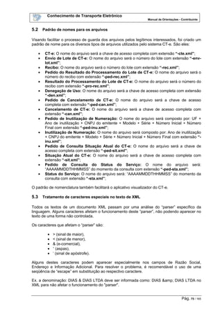 Conhecimento de Transporte Eletrônico
Manual de Orientações - Contribuinte
Pág. 75 / 165
5.2 Padrão de nomes para os arquivos
Visando facilitar o processo de guarda dos arquivos pelos legítimos interessados, foi criado um
padrão de nome para os diversos tipos de arquivos utilizados pelo sistema CT-e. São eles:
• CT-e: O nome do arquivo será a chave de acesso completa com extensão “-cte.xml”;
• Envio de Lote de CT-e: O nome do arquivo será o número do lote com extensão “-env-
lot.xml”;
• Recibo: O nome do arquivo será o número do lote com extensão “-rec.xml”;
• Pedido do Resultado do Processamento do Lote de CT-e: O nome do arquivo será o
número do recibo com extensão “-ped-rec.xml”;
• Resultado do Processamento do Lote de CT-e: O nome do arquivo será o número do
recibo com extensão “-pro-rec.xml”;
• Denegação de Uso: O nome do arquivo será a chave de acesso completa com extensão
“-den.xml”;
• Pedido de Cancelamento de CT-e: O nome do arquivo será a chave de acesso
completa com extensão “-ped-can.xml”;
• Cancelamento de CT-e: O nome do arquivo será a chave de acesso completa com
extensão “-can.xml”;
• Pedido de Inutilização de Numeração: O nome do arquivo será composto por: UF +
Ano de inutilização + CNPJ do emitente + Modelo + Série + Número Inicial + Número
Final com extensão “-ped-inu.xml”;
• Inutilização de Numeração: O nome do arquivo será composto por: Ano de inutilização
+ CNPJ do emitente + Modelo + Série + Número Inicial + Número Final com extensão “-
inu.xml”;
• Pedido de Consulta Situação Atual do CT-e: O nome do arquivo será a chave de
acesso completa com extensão “-ped-sit.xml”;
• Situação Atual do CT-e: O nome do arquivo será a chave de acesso completa com
extensão “-sit.xml”;
• Pedido de Consulta do Status do Serviço: O nome do arquivo será:
“AAAAMMDDTHHMMSS” do momento da consulta com extensão “-ped-sta.xml”;
• Status do Serviço: O nome do arquivo será: “AAAAMMDDTHHMMSS” do momento da
consulta com extensão “-sta.xml”;
O padrão de nomenclatura também facilitará o aplicativo visualizador do CT-e.
5.3 Tratamento de caracteres especiais no texto de XML
Todos os textos de um documento XML passam por uma análise do “parser” específico da
linguagem. Alguns caracteres afetam o funcionamento deste “parser”, não podendo aparecer no
texto de uma forma não controlada.
Os caracteres que afetam o “parser” são:
• > (sinal de maior),
• < (sinal de menor),
• & (e-comercial),
• “ (aspas),
• ‘ (sinal de apóstrofe).
Alguns destes caracteres podem aparecer especialmente nos campos de Razão Social,
Endereço e Informação Adicional. Para resolver o problema, é recomendável o uso de uma
seqüência de “escape” em substituição ao respectivo caractere.
Ex. a denominação: DIAS & DIAS LTDA deve ser informada como: DIAS &amp; DIAS LTDA no
XML para não afetar o funcionamento do "parser".
 
