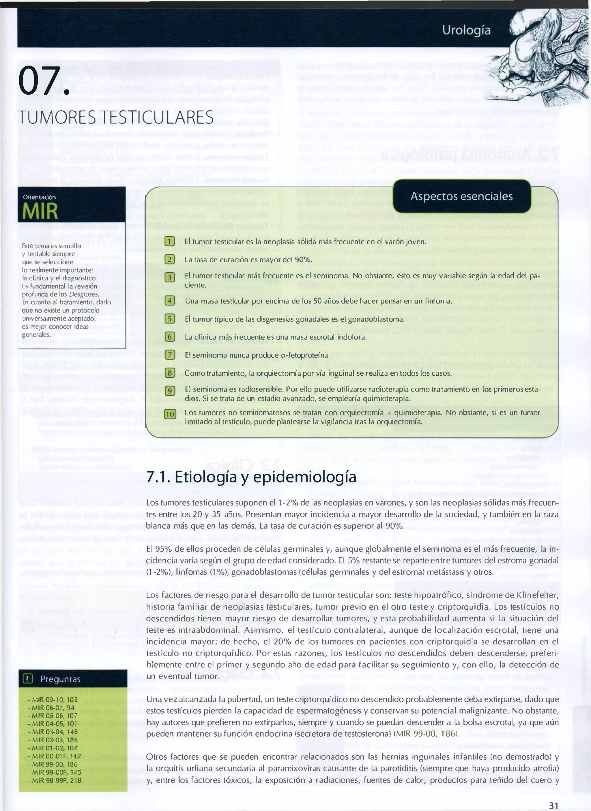 07.
TUMORES TESTICULARES

Aspectos esenciales

Ont>ntil(IÓn

MIR
Estc tema es sencillo
y rentable siempre

que se seleccione
lo realmente importante:
la clínica y el diagnóstico.
Es fundamental la revisión
profunda de los Desgloses.
En cuanto al tratamiento, dado
que no existe un protocolo
universalmente aceptado,
es mejor conocer ideas
generales.

m

El tumor testicular es la neoplasia sólida más frecuente en el varón joven.

o

la tasa de curación es mayor del 90%.

[I)

El tumor testicular más frecuente es el seminoma. No obstante, ésto es muy variable según la edad del pa·
ciente.
Una masa testicular por encima de los 50 años debe hacer pens.lr en un linfoma.

El tumor típico de las disgenesias gonadales es el gonadoblasloma.
la clínica más frecuente es una masa escrotal indolora.

El seminoma nunca produce a·fetoproteína .
Como tratamiento, la orquiectomía por vía inguinal se realiza en todos los casos.
El seminoma es radiosensible. Por ello puede utilizarse radioterapia como tratamiento en los primeros esta­
dios. Si se trala de un estadio avanzado, se emplearía quimioterapia.
los lumores no seminomalosos se tratan con orquieclomía + quimioterapia. No obstante, si es un tumor
limitado al testículo, puede plantearse la vigilancia tras la orquiectomía.

7 . 1 . Eti ología y epidemiolog ía
Los tumores testiculares suponen el ' ·2% de las neoplasias en varones, y son las neoplasias sólidas más frecuen­
tes entre los 20 y 35 años. Presentan mayor incidencia a mayor desarrollo de la sociedad, y también en la raza
blanca más que en las demás. La tasa de curación es superior al 90%.
El 95% de ellos proceden de células germinales y, aunque globalmente el semi noma es el más frecuente, la in·
cidencia varía según el grupo de edad considerado. El 5% restante se reparte entre tumores del estroma gonadal
(1 ·2%), ! infamas (1 %), gonadoblastomas (células germinales y del estroma) metástasis y otros.
Los factores de riesgo para el desarrollo de tumor testicular son: teste h i poatrófico, síndrome de Klinefelter,
h i storia fam i l iar de neoplasias testiculares, tumor previo en el otro teste y criptorquidia. Los testículos no
descendidos tienen mayor riesgo de desarrollar tumores, y esta probabilidad aumenta si la situación del
teste es intraabdominal. Asimismo, el testículo contra lateral, aunque de localización escrotal, tiene una
incidencia mayor; de hecho, el 20% de los tumores en pacientes con criptorquidia se desarrollan en el
testículo no criptorquídico. Por estas razones, los testículos no descendidos deben descenderse, preferi·
blemente entre el primer y segundo año de edad para facilitar su seguimiento y, con ello, la detección de
1

Preguntas

- MIR 09- 1 0. 102
- MIR 06-07, 94
- MIR 05-06. 107
- MIR 04-05, 107
- MIR 03-04, 145
- MIR 02-03, 186
- MIR 01 -02, 108
- MIR 00-01 F, 142
- MIR 99-00, 186
- MIR 99-00F, 145
- MIR 98-99F, 2 1 8

un eventual tumor.
Una vez alcanzada la pubertad, un teste criptorquídico no descendido probablemente deba extirparse, dado que
estos testículos pierden la capacidad de espermatogénesis y conservan su potencial malignizante. No obstante,
hay autores que prefieren no extirparlos, siempre y cuando se puedan descender a la bolsa escrotal, ya que aún
pueden mantener su función endocrina (secretora de testosterona) (MIR 99·00, 1 86).
Otros factores que se pueden encontrar relacionados son las hernias inguinales infantiles (no demostrado) y
la orquitis urliana secundaria al paramixovirus causante de la parotiditis (siempre que haya producido atrofia)
y, entre los factores tóxicos, la exposición a radiaciones, fuentes de calor, productos para teñido del cuero y

31

 