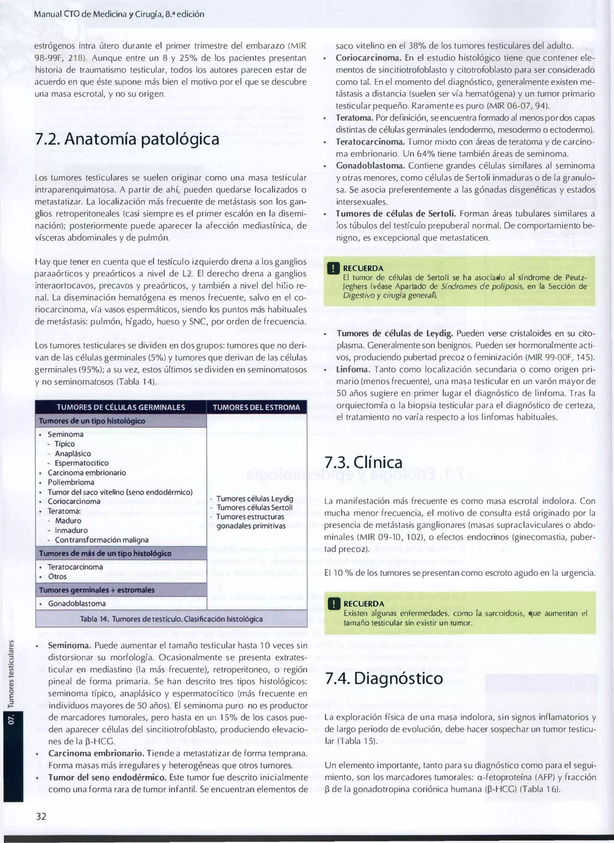 Manual eTO de Medicina y Cirugía, 8.3 edición
estrógenos ¡ntra útero durante el primer trimestre del embarazo (MIR

saco vitelina en el 38% de los tumores testiculares del adulto.

98-99F, 2 1 8). Aunque entre un 8 y 25% de los pacientes presentan

Coriocarcinorna. En el estudio histológico tiene que contener ele­

historia de traumatismo testicular, todos los autores parecen estar de

mentos de sincitiotrofoblasto y citotrofoblasto para ser considerado

acuerdo en que éste supone más bien el motivo por el que se descubre

como tal. En el momento del diagnóstico, generalmente existen me­
tástasis a distancia (suelen ser vía hematógena) y un tumor primario

una masa escrotal, y no su origen.

testicular pequeño. Raramente es puro (MIR 06-07, 94).
Teratoma. Por definición, se encuentra formado al menos por dos capas

7.2. Anatomía patológica

distintas de células germinales (endodermo, mesodermo o ectodermo).
Teratocarcinorna. Tumor mixto con áreas de teratoma y de carcino­

ma embrionario. Un 64% tiene también áreas de semi noma.
Conadoblastoma. Contiene grandes células similares al seminoma

Los tumores testiculares se suelen originar como una masa testicular

y otras menores, como células de Sertoli inmaduras o de la granulo­

intraparenquimatosa. A partir de ahí, pueden quedarse localizados o

sa. Se asocia preferentemente a las gónadas disgenéticas y estados

metastatizar. La localización más frecuente de metástasis son los gan­

intersexuales.

glios retroperitoneales (casi siempre es el primer escalón en la disemi­

Tumores de células de Sertoli. Forman áreas tubulares similares a

nación)¡ posteriormente puede aparecer la afección mediastínica, de

los túbulos del testículo prepuberal normal. De comportamiento be­

vísceras abdominales y de pulmón.

nigno, es excepcional que metastaticen.

Hay que tener en cuenta que el testículo izquierdo drena a los ganglios
paraaórticos y preaórticos a nivel de L2. El derecho drena a ganglios
interaortocavos, precavas y preaórticos, y también a nivel del hilio re­
nal. La diseminación hematógena es menos frecuente, salvo en el co­
riocarcinoma, vía vasos espermáticos, siendo los puntos más habituales

• RECUERDA

El lumor de células de Serlol i se ha asociado al síndrome de Peutz­
Jeghers (véase Apa rtado de Síndromes de poliposis, en la Sección de

Digestivo y cirugía general).

de metástasis: pulmón, hígado, hueso y SNC, por orden de frecuencia.
Tumores de células de Leydig. Pueden verse cristaloides en su cito­

Los tumores testiculares se dividen en dos grupos: tumores que no deri­

plasma. Generalmente son benignos. Pueden ser hormonal mente acti­

van de las células germinales (5%) y tumores que derivan de las células

vos, produciendo pubertad precoz o feminización (MIR 99-00F, 145).

germinales (95%); a su vez, estos últimos se dividen en seminomatosos

Linforna. Tanto como localización secundaria o como origen pri­

y no seminomatosos (Tabla 1 4).

mario (menos frecuente), una masa testicular en un varón mayor de
50 años sugiere en primer lugar el diagnóstico de linfoma. Tras la

TUMORES DE CHULAS GERMINALES

TUMoRES DEL ESTRoMA

Tumonos de un tipo

$eminoma
- Típico
- Anaplásico
- Espermatocítico
Carcinoma embrionario
PoHembrioma
Tumor del �co vitelina (seno endodérmico)
Coriocarcinoma
Teratoma:
- Maduro
- I nmaduro
- Con transformación maligna

orquiectomía o la biopsia testicular para el diagnóstico de certeza,
el tratamiento no varía respecto a los l infomas habituales.

7.3. C l í n i ca
·
·
·

Tumores células Leydig
Tumores células SertoH
Tumores estructuras
gonadales primitivas

Tumores de m6s de un tipo hIstcJI6gIco

T
eratocarcinoma
Otros
Tumores germinales + estroma'"

Gonadoblastoma
Tabla 14. Tumores de testkulo. Clasificación histológica

La manifestación más frecuente es como masa escrotal indolora. Con
mucha menor frecuencia, el motivo de consulta está originado por la
presencia de metástasis ganglionares (masas supraclaviculares o abdo­
minales (MIR 09-10, 1 02), o efectos endocrinos (ginecomastia, puber­
tad precoz).
EI 1 0 % de los tumores se presentan como escroto agudo en la urgencia.

• RECUERDA

Exislen algunas enfermedades, como

ta maño testicular sin existir un tumor.

la sarcoidosis, que aumentan el

Serninorna. Puede aumentar el tamaño testicular hasta 1 0 veces sin

distorsionar su morfología. Ocasionalmente se presenta extrates­
t¡cular en mediastino (la más frecuente), retroperitoneo, o región
pineal de forma primaria. Se han descrito tres tipos histológicos:

7.4. Diag nóstico

seminoma típico, anaplásico y espermatocítico (más frecuente en
individuos mayores de 50 años). El seminoma puro no es productor
de marcadores tumorales, pero hasta en un 1 5% de los casos pue­

La exploración física de una masa indolora, sin signos inflamatorios y

den aparecer células del sincitiotrofoblasto, produciendo elevacio­

de largo periodo de evolución, debe hacer sospechar un tumor testicu­

nes de la p-HCG.

lar (Tabla 1 5).

Carcinoma embrionario. Tiende a metastatizar de forma temprana.

Forma masas más irregulares y heterogéneas que otros tumores.

Un elemento i mportante, tanto para su diagnóstico como para el segui­

Tumor del seno endodérmico. Este tumor fue descrito inicialmente

32

miento, son los marcadores tumorales: a-fetoproteína (AFP) y fracción

como una forma rara de tumor infantil. Se encuentran elementos de

p de la gonadotropina coriónica humana (P-HCG) (Tabla 1 6).

 