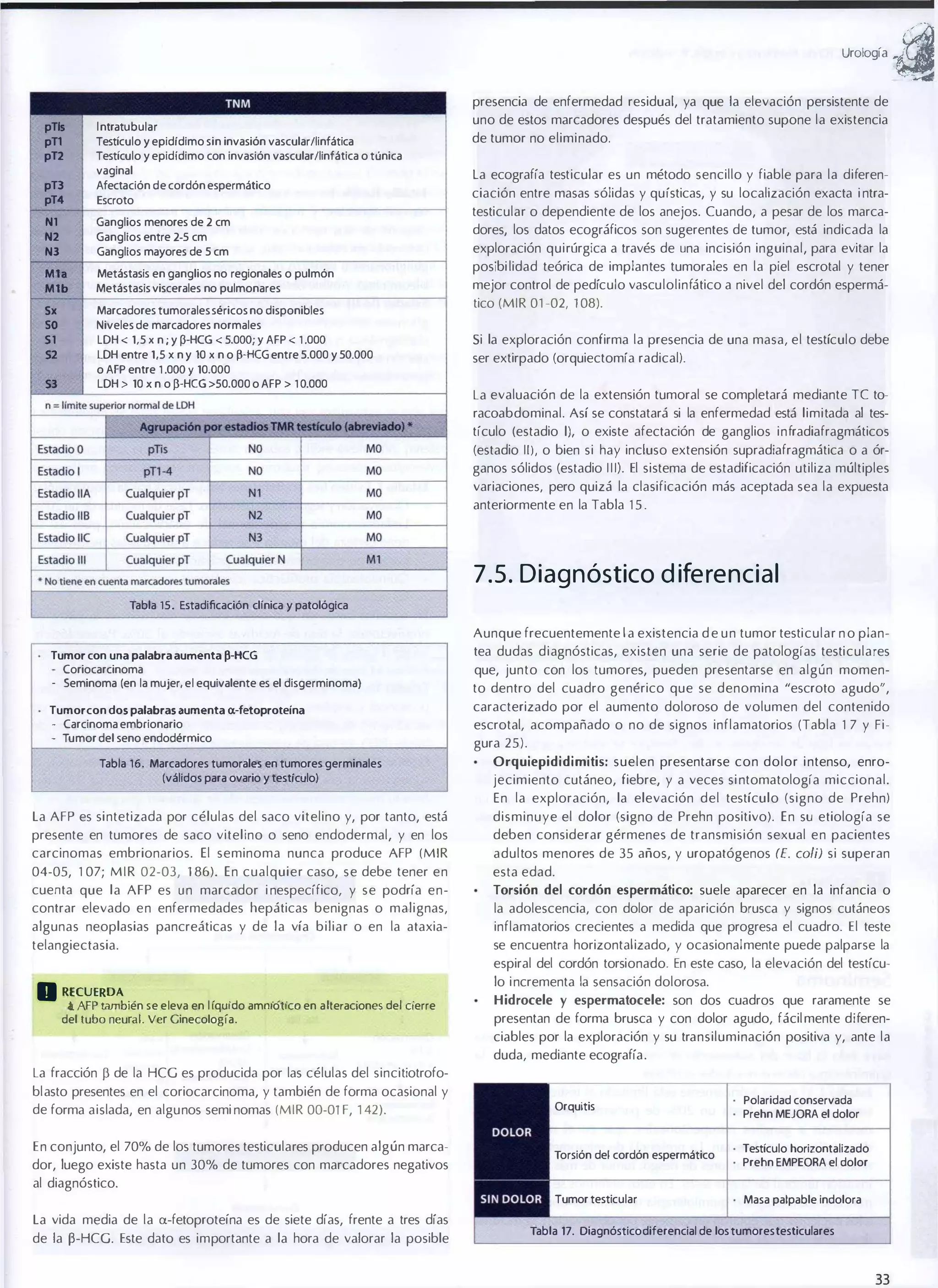 UrOIOgía

presencia de enfermedad residual, ya que la elevación persistente de
pTls
pTl
pT2
pTl
pT4
N1

Ganglios menores de 2 cm
Ganglios entre 2-5 cm
Ganglios mayores de 5 cm

N2
N3
M1.
M1b

Sx
SO
51

52
53

I ntratubular
Testículo y epididimo sin invasión vascular/linfática
Testículo y epidídimo con invasión vascular/linfática o túnica
vaginal
Afectación de cordón espermático
Escroto

Metástasis en ganglios no regionales o pulmón
Metástasis viscerales no pulmonares
Marcadores tumorales séricos no disponibles
Niveles de marcadores normales
lDH < 1.5 x n ; y p-HCG < 5.000; Y AFP < 1 .000
lDH entre 1,5 x n y 10 x n o p-HCG entre 5.000 y 50.000
o AFP entre 1 .000 Y 10.000
LDH > 10 x n o j3-HCG >50.000 o AFP > 1 0.000

uno de estos marcadores después del tratamiento supone la existencia
de tumor no eliminado.
La ecografía testicular es un método sencillo y fiable para la diferen­
ciación entre masas sólidas y quísticas, y su localización exacta i ntra­
testicular o dependiente de los anejos. Cuando, a pesar de los marca­
dores, los datos ecográficos son sugerentes de tumor, está indicada la
exploración quirúrgica a través de una incisión inguinal, para evitar la
posibi lidad teórica de implantes tumorales en la piel escrotal y tener
mejor control de pedículo vasculolinfático a nivel del cordón espermá­
tico (MIR 01 -02, 1 08).
Si la exploración confirma la presencia de una masa, el testículo debe
ser extirpado (orquiectomfa radical).
La evaluación de la extensión tumoral se completará mediante TC to­
racoabdominal. Así se constatará si la enfermedad está limitada al tes­
tículo (estadio 1), o existe afectación de ganglios infradiafragmáticos
(estadio 11), o bien si hay incluso extensión supradiafragmática o a ór­
ganos sólidos (estadio 1 1 1). El sistema de estadificación utiliza múltiples
variaciones, pero quizá la clasificación más aceptada sea la expuesta
anteriormente en la Tabla 1 5 .

7 . 5 . Diagnóstico d ife rencial
Tabla 15. Estadificaci6n clínica y patológica

Aunque frecuentemente l a existencia d e u n tumor testicular n o plan­
Tumor con una palabra aumenta ji-HCG

Coriocarcinoma
- Seminoma (en la mujer, el equivalente es el disgerminoma)
Tumor con dos palabras aumenta a.-fetoproteina

- Carcinoma embrionario
- Tumor del seno endodérmico

tea dudas diagnósticas, existen una serie de patologías testiculares
que, junto con los tumores, pueden presentarse en algún momen­
to dentro del cuadro genérico que se denomina "escroto agudo",
caracterizado por el aumento doloroso de volumen del contenido
escrotal, acompañado o no de signos inflamatorios (Tabla 1 7 y Fi­
gura 25).

Tabla 16. Marcadores tumorales en tumores germinales
(válidos para ovario y testiculo)

Orquiepididimitis: suelen presentarse con dolor i ntenso, enro­

La AFP es sintetizada por células del saco vitelino y, por tanto, está

disminuye el dolor (signo de Prehn positivo). En su etiología se
deben considerar gérmenes de transmisión sexual en pacientes

jecimiento cutáneo, fiebre, y a veces si ntomatología miccional.
En la exploración, la elevación del testículo (signo de Prehn)

presente en tumores de saco vitelino o seno endodermal, y en los
carcinomas embrionarios. El seminoma nunca produce AFP (MIR

adultos menores de 35 años, y uropalógenos (E. coli) si superan

04-05, 1 07; M I R 02-03, 1 86). En cualquier caso, se debe tener en

esla edad.

cuenta que la AFP es u n marcador i nespecífico, y se podría en­
contrar elevado en enfermedades hepáticas benignas o malignas,

Torsión del cordón espermático: suele aparecer en la infancia o

algunas neoplasias pancreáticas y de la vía biliar o en la ataxia­

inflamatorios crecientes a medida que progresa el cuadro. El teste

telangiectasia.

se encuentra horizontal izado, y ocasionalmente puede palparse la

a Rl CUp Ab· ·
E
ERD

.
.
'
' . •
a AF tam len se e Ieva en l IqUl do amOlotlCO en a IteraClones dei CIerre
del tubo neural. Ver Ginecología.

la adolescencia, con dolor de aparición brusca y signos cutáneos

espiral del cordón torsionado. En este caso, la elevación del testícu­
lo i ncrementa la sensación dolorosa.
Hidrocele y espermatocele: son dos cuadros que raramente se

presentan de forma brusca y con dolor agudo, fácil mente diferen­

ciables por la exploración y su transiluminación positiva y, ante la
duda, mediante ecografía.
La fracción p de la HCG es producida por las células del sincitiotrofo­
blasto presentes en el coriocarcinoma, y también de forma ocasional y
de forma aislada, en algunos semi nomas (MIR 00-01 F, 1 42).

Polaridad conservada
Prehn MEJORA el dolor

Torsión del cordón espermático

Testículo horizontalizado
Prehn EMPEORA el dolor

Tumor testicular

En conjunto, el 70% de los tumores testiculares producen algún marca­
dor, luego existe hasta un 30% de tumores con marcadores negativos

Orquitis

Masa palpable indolora

al diagnóstico.
La vida media de la a-fetoproteína es de siete días, frente a tres días
de la �-HCG. Este dato es importante a la hora de valorar la posible

Tabla 17. Diagnóstico diferencial de los tumores testiculares

33

�

 