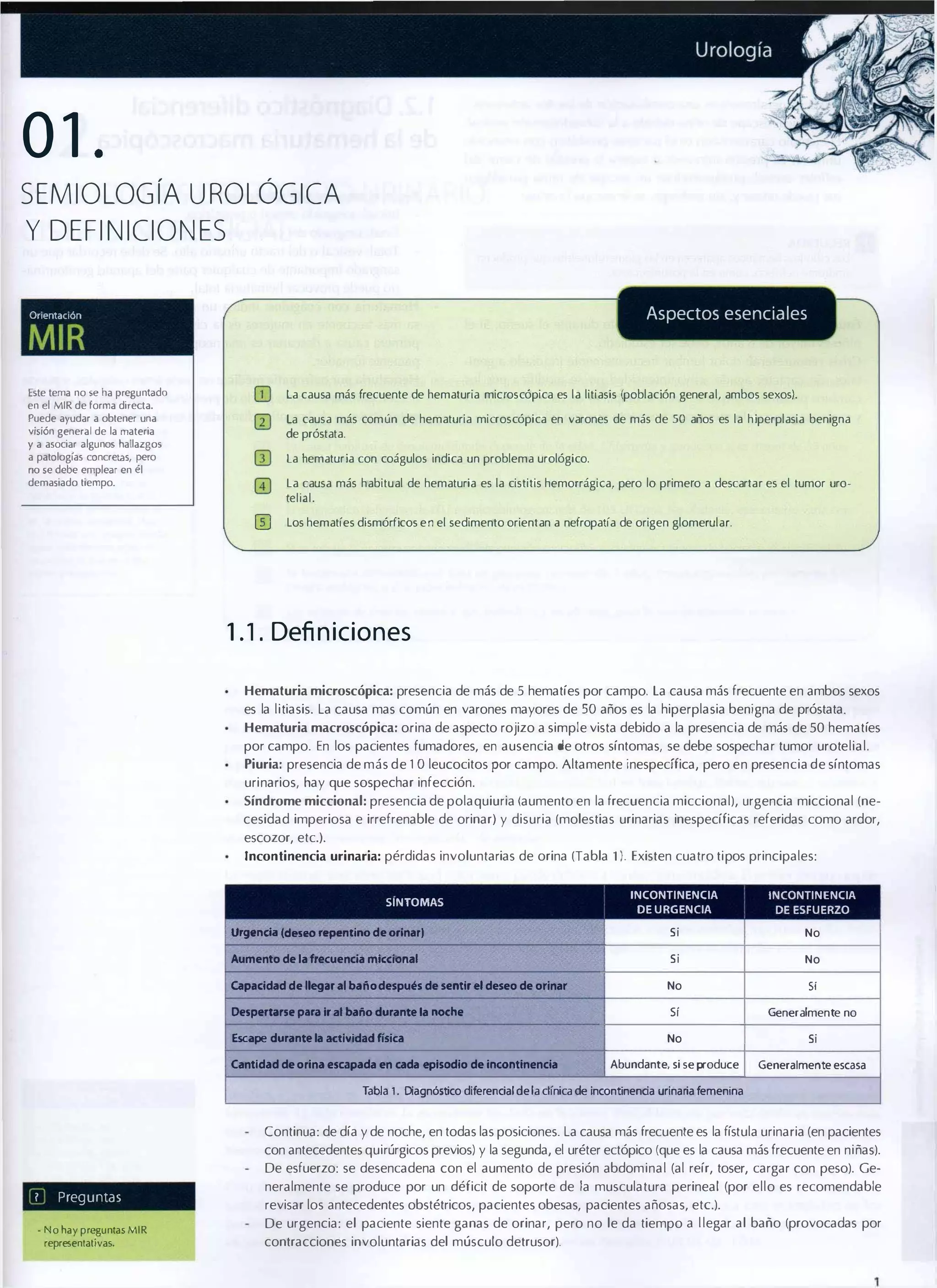 01

•

SEMIOLOGíA UROLÓGICA
y DEFINICIONES
Aspectos esenciales

Orientación

MIR
Este tema no se ha preguntado
en el MIR de forma directa.
Puede ayudar a obtener una
visión general de la materia
ya asociar algunos hallazgos
a patologras concretas, pero
no se debe emplear en él
demasiado tiempo.

GJ

La causa más frecuente de hematuria microscópica es la litiasis (población general, ambos sexos).

III

la causa más común de hematuria microscópica en varones de más de 50 años es la hiperplasia benigna
de próstata.
la hematuria con coágulos indica un problema urológico.
la causa más habitual de hematuria es la cistitis hemorrágica, pero 10 primero a descartar es el tumor uro­

IIJ

leJia!.

Los hematíes dismórficos en el sedimento orientan a nefropalía de origen glomerular.

1 . 1 . Defin iciones
Hematuria microscópica: presencia de más de 5 hematíes por campo. La causa más frecuente en ambos sexos

es la litiasis. La causa mas común en varones mayores de 50 años es la hiperplasia benigna de próstata.

Hematuria macroscópica: orina de aspecto rojizo a simple vista debido a la presencia de más de 50 hematíes

por campo. En los pacientes fumadores, en ausencia de otros síntomas, se debe sospechar tumor urotelial.
Piuria: presencia de más de 10 leucocitos por campo. Altamente ¡nespecífica, pero en presencia de síntomas

urinarios, hay que sospechar infección.

Síndrome miccional: presencia de polaquiuria (aumento en la frecuencia miccional), urgencia miccional (ne­

cesidad imperiosa e irrefrenable de orinar) y disuria (molestias urinarias inespecíficas referidas como ardor,
escozor, etc.).
Incontinencia urinaria: pérdidas involuntarias de orina (Tabla 1 l. Existen cuatro tipos principales:
INCONTINENCIA

INCONTINENCIA

DE URGENCIA

DE ESFUERZO

Urgencia (deseo rwpentIno de ortnar)

Si

No

Aumento de laheuencla mlcdonal

Si

No

Copoc:ldod de __ .. bollo después de _ 01 deseo de orinar

No

SI

�_Ir"boIio_la_

sr

Generalmente no

Escape _la lICtMdad fIsIca

No

Si

Abundante. si se produce

Generalmente escasa

SINTOMAS

eanddod de orIno ....poda en coda opIlIOdlo de IncontI"'''cla
.

Tabla 1. Diagnóstico diferencial de la cl ínica de incontinencia urinaria femenina

Continua: de día y de noche, en todas las posiciones. La causa más frecuente es la fístula urinaria (en pacientes
con antecedentes quirúrgicos previos) y la segunda, el uréter ectópico (que es la causa más frecuente en niñas).
De esfuerzo: se desencadena con el aumento de presión abdominal (al reír, toser, cargar con peso). Ge­
?

Preguntas

- No hay pregunta s MIR
representativas.

neralmente se produce por un déficit de soporte de la musculatura perineal (por ello es recomendable
revisar los antecedentes obstétricos, pacientes obesas, pacientes añosas, ete.).
De urgencia: el paciente siente ganas de orinar, pero no le da tiempo a l legar al baño (provocadas por
contracciones involuntarias del músculo detrusor).

 