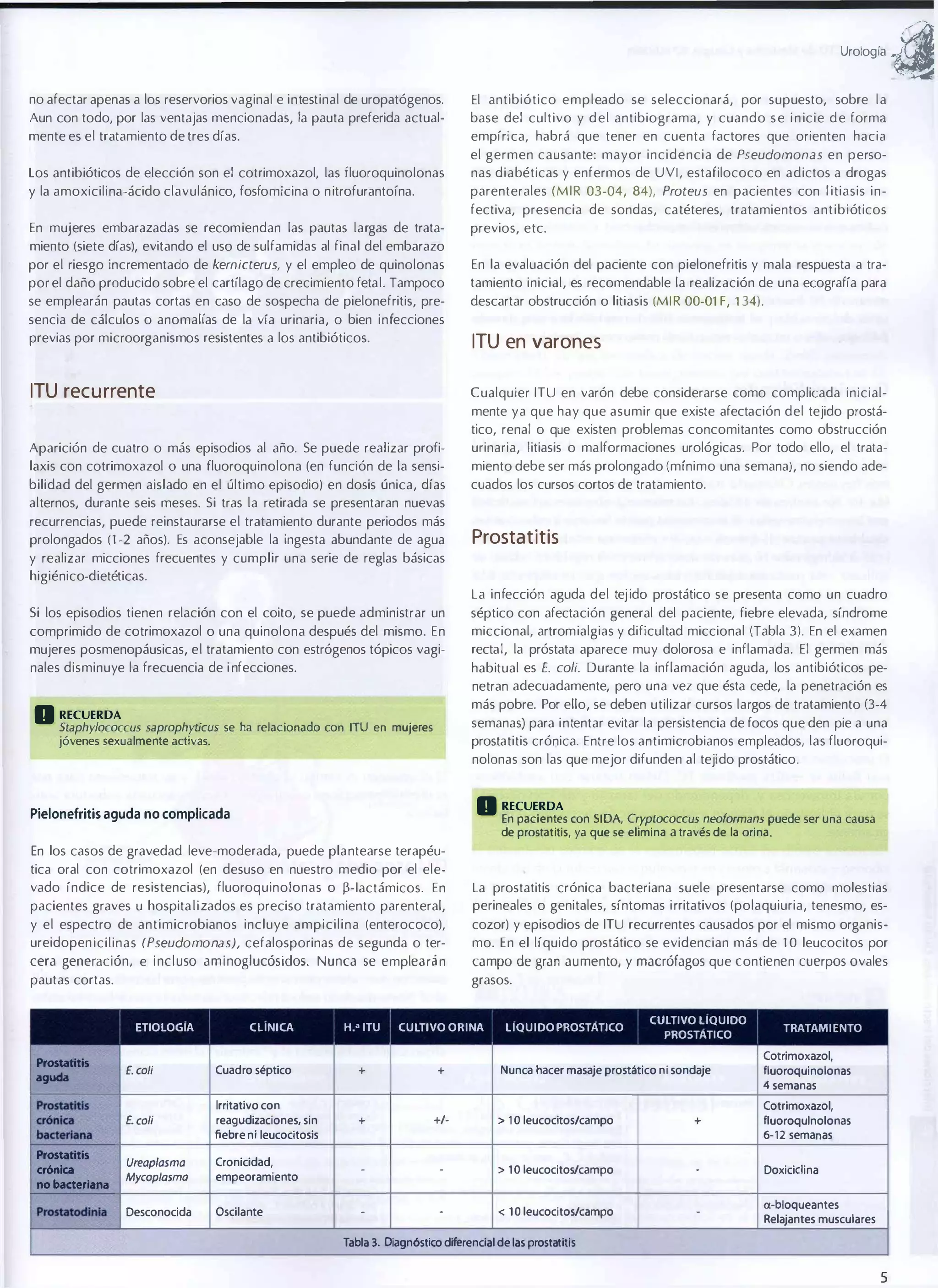 urolog¡a

no afectar apenas a los reservorios vaginal e intestinal de uropatógenos.
Aun con todo, por las ventajas mencionadas, la pauta preferida actual­

El antibiótico empleado se seleccionará, por supuesto, sobre l a
base del cultivo y d e l antibiograma, y cuando s e i n icie d e forma

mente es el tratamiento de tres días.

empírica, habrá que tener en cuenta factores que orienten hacia

Los antibióticos de elección son el cotrimoxazol, las fluoroquinolonas

el germen causante: mayor incidencia de Pseudomonas en perso­
nas diabéticas y enfermos de UVI, estafilococo en adictos a drogas

y la amoxicilina-ácido clavulánico, fosfomicina o n itrofurantoína.

parenterales (MIR 03-04, 84), Proteus en pacientes con litiasis in­
fectiva, presencia de sondas, catéteres, tratamientos antibióticos

En mujeres embarazadas se recomiendan las pautas largas de trata­

previos, etc.

miento (siete días), evitando el uso de sulfamidas al final del embarazo
por el riesgo incrementado de kernicterus, y el empleo de quinolonas

En la evaluación del paciente con pielonefritis y mala respuesta a tra­

por el daño producido sobre el cartílago de crecimiento fetal. Tampoco

tamiento inicial, es recomendable la realización de una ecografía para

se emplearán pautas cortas en caso de sospecha de pielonefritis, pre­

descartar obstrucción o litiasis (M I R 00-01 F, 134).

sencia de cálculos o anomalías de la vía urinaria, o bien infecciones
previas por microorganismos resistentes a los antibióticos.

ITU en varones

ITU recurrente

Cualquier ITU en varón debe considerarse como complicada inicial­
mente ya que hay que asumir que existe afectación del tejido prostá­
tico, renal o que existen problemas concomitantes como obstrucción

Aparición de cuatro o más episodios al año. Se puede realizar profi­

urinaria, litiasis o malformaciones urológicas. Por todo ello, el trata­

laxis con cotrimoxazol O una fluoroquinolona (en función de la sensi­

miento debe ser más prolongado (mínimo una semana), no siendo ade­

bilidad del germen aislado en el último episodio) en dosis única, días
alternos, durante seis meses. Si tras la retirada se presentaran nuevas
recurrencias, puede reinstaurarse el tratamiento durante periodos más
prolongados (1-2 años). Es aconsejable la ingesta abundante de agua

cuados los cursos cortos de tratamiento.

Prostatitis

y realizar micciones frecuentes y cumplir una serie de reglas básicas
higiénico-dietéticas.
La infección aguda del tej ido prostático se presenta como un cuadro
Si los episodios tienen relación con el coito, se puede administrar un
comprimido de cotrimoxazol o una quinolona después del mismo. En
mujeres posmenopáusicas, el tratamiento con estrógenos tópicos vagi­

rectal, la próstata aparece muy dolorosa e inflamada. El germen más
habitual es E. coli. Durante la inflamación aguda, los antibióticos pe­
netran adecuadamente, pero una vez que ésta cede, la penetración es

nales disminuye la frecuencia de i nfecciones.

• RECUERDA

séptico con afectación general del paciente, fiebre elevada, síndrome
miccional, artromialgias y dificultad miccional (Tabla 3). En el examen

más pobre. Por ello, se deben utilizar cursos largos de tratamiento (3-4

Staphylococcus saprophylicus

se ha relacionado con

ITU

jóvenes sexualmente activas.

semanas) para i n tentar evitar la persistencia de focos que den pie a una
prostatitis crónica. Entre los antimicrobianos empleados, las fluoroqui­

en mujeres

nolonas son las que mejor difunden al tejido prostático .

• RECUERDA

Pielone!ritis aguda no complicada

En pacientes con SIDA, Cryptococcus neoformans puede ser una causa
de prostatitis, ya que se elimina a través de la orina.

En los casos de gravedad leve-moderada, puede plantearse terapéu­
tica oral con cotrimoxazol (en desuso en nuestro medio por el ele­
vado índice de resistencias), fluoroquinolonas o B- Iactámicos. En
pacientes graves u hospita l i zados es preciso tratamiento parenteral,

La prostatitis crónica bacteriana suele presentarse como molestias
perineales o genitales, síntomas i rritativos (polaquiuria, tenesmo, es­

y el espectro de antimicrobianos incluye ampicilina (enterococo),
ureidopen icilinas (Pseudomonas), cefalosporinas de segunda o ter­

cozor) y episodios de ITU recurrentes causados por el mismo organis­

cera generación, e incluso aminoglucósidos. Nunca se emplearán

campo de gran aumento, y macrófagos que contienen cuerpos ovales

pautas cortas.

grasos.

ETIOLOGIA

-

ogudo

Prostadtls
crónica

-

crónica

no*-no

-

ClINICA

mo. En el líquido prostático se evidencian más de 10 leucocitos por

H 'ITU

CUL
TIVO ORINA

LIQUIDO PROSTATlCO

CULTIVO LIQUIDO
PROSTATICO

TRATAMIENTO

Cotrimoxazol,
fluoroquinolonas
4 semanas

E.coH

Cuadro séptico

+

+

E.coJ/

Irritativo con
reagudizaciones, sin
fiebre ni leucocitosis

+

+/-

>

10 leucocitos/campo

+

Cotrimoxazol,
fluoroqulnolonas
6-12 semanas

Ureaplasma

Cronicidad,
empeoramiento

-

-

>

10 leucocitos/campo

-

Doxicidina

Desconocida

Oscilante

-

-

< 10 leucocitos/campo

-

a-bloqueantes
Relajantes musculares

Myeoplasma

Nunca hacer masaje prostático ni sondaje

Tabla 3. Oiagnóstko diferencial de las prostatitis

5

a

 