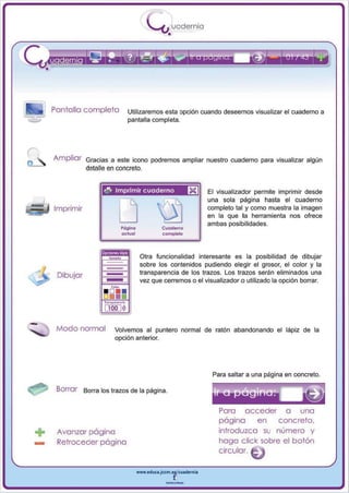 I
                                          .....'U uodernia
                                                  •




    Pantalla completa         Utilizaremos esta opción cuando deseemos visualizar el cu aderno a
~                             pantalla completa .




    Ampliar Gracias a este icono podremos ampliar nuestro cuaderno para visualizar algún
               detalle en concreto.


                      ~ Imprimir cuaderno                 rn      El visualizador permite imprimir desde
                                                                  una sola página hasta el cuaderno
    Imprimir                                                      completo tal y como muestra la imagen
                                                                  en la que la herramienta nos ofrece
                                                                  ambas posibilidades.
                            PógJno             Cuaderno
                            ocluol             com~




                                      Otra funcional idad interesante es la posibilidad de dibujar
                                      sobre los contenidos pudiendo elegir el grosor, el color y la
                                      transparencia de los trazos . Los trazos serán eliminados una
     Dibujar
                                      vez que cerremos o el visualizador o utilizado la opción borrar.




     Modo normal          Volvemos al puntero normal de ratón abandonando el lápiz de la
                          opción anterior.




                                                                   Para salta r a una página en concreto.

     Borrar    Borra los trazos de la página.


                                                                     Para acceder a una
                                                                     página    en    concreto.

+    Avanzar página                                                  introduzca su número y

-    Retroceder página                                               haga click sobre el botón
                                                                     circular.

                                     www.edUCI.Jccm.e~CUldernia



                                                 --
 