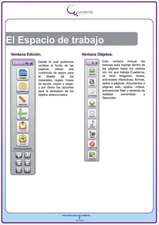 I
                                         ......"u uodernia
                                                 •




El Espacio de trabajo
 Ventana Edición.                                        Ventana Objetos.
                  Desde la cual podremos                           Esta     ventana    incluye   los
                  cambiar el fondo de las                          botones para insertar dentro de
                  paginas ,    utilizar  una                       las páginas todos los objetos


   ~
                  cuadrícula de apoyo para                         con los que trabaja Cuadernia,
                  el    diseño       de   105                      es decir imágenes, textos,
                                                                   actividades interactivas, formas,
   ""
                  materiales, reglas, líneas
   .....
     [2)
      ·. .
      ·.
      .....
                  de ayuda , copiar y pegar,
                  y por último las opciones
                                                                   saltos a páginas , documentos o
                                                                   páginas web, audios , vídeos,
    CUADRlCUlI¡   para la alineación de los                        animaciones flash y escenas de
                  objetos seleccionados.                           realidad       aumentada        y


   [SJ                                                             Descartes.




    ~ GuiAS




  Alineaciones




                                    www.edUCI.Jccm.e~CUldernia



                                                --
 