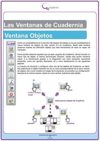 I
                                            .....'U uodernia
                                                  •




Las Ventanas de Cuadernia

                           ••
           Como ya comentabamos en la sección del espacio de trabajo en la que mostrábamos la
           nueva ventana de objetos de esta versión 2.0 de Cuadernia , desde esta ventana
           podemos insertar los diferentes objetos que esta herramienta de autor es capaz de
 IllAGEN
           manipular.


 a         Como podrán observar aquellos que ya sean usuarios de Cuadernia , hemos incluido un
           nuevo tipo de objeto, le hemos denominado "Escena", desde esta opción haremos
           crecer a la herramienta gracias a la integración con otros proyectos educativos
           existentes, como por ejemplo Descartes, tal y como detallaremos en las sigu ientes
  .t       páginas.
 ,"",,..
           La manera de introducir y configurar cada uno de los objetos de Cuadernia, es decir,
           tras seleccionar el objeto haciendo elic en su icono correspondiente de la barra vertical
           de objetos, tal y como muestra la imagen de la izquierda , se procede a su configuración
           siempre de la misma manera, desde su icono central , ilustremos este detalle.



                             ~


                             . ;r<Dl)il
                             Le.




                                     "f:>
                        subir/bajar
                        nivel


                                                            seleccionar objeto de la galería




                                                                        eliminar




                                     www.edUCI.Jccm.e~CUldernia



                                                 --
 