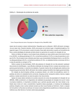 25Manual sobre 0 Cuidado à saúde junto a PoPulação eM situação de rua
Gráfico 5 – Declaração de problemas de saúde
Fonte: Pesquisa Nacional sobre a População em Situação de Rua, Meta/MDS, 2008.
cipais vias de acesso a esses medicamentos. Daqueles que os utilizavam, 48,6% afirmaram consegui-
-los por esse meio. Quando doentes, 43,8% procuravam em primeiro lugar o hospital/emergência. Em
segundo lugar, 27,4% procuravam o posto de saúde. Esse dado demonstra o quanto os Consultórios de
Rua e outras estratégias de atenção primária devem se aproximar do usuário em situação de rua.
Sobre os hábitos de higiene, os principais locais utilizados por esse público para tomar banho foram
a rua (32,6%), os albergues/abrigos (31,4%), os banheiros públicos (14,2%) e a casa de parentes ou ami-
gos (5,2%). Os principais locais utilizados para fazer suas necessidades fisiológicas foram a rua (32,5%),
os albergues/abrigos (25,2%), os banheiros públicos (21,3%), os estabelecimentos comerciais (9,4%) e
a casa de parentes ou amigos (2,7%).
Sobre a posse de documentação, 24,8% das pessoas em situação de rua não possuíam quaisquer
documentos de identificação, o que dificulta a obtenção de emprego formal, o acesso aos serviços e pro-
gramas governamentais e o exercício da cidadania. A grande maioria não era atingida pela cobertura dos
programas governamentais: 88,5% afirmaram não receber qualquer benefício dos órgãos governamentais.
Em relação às discriminações sofridas, as pessoas citaram, em ordem de prevalência, serem im-
pedidas de entrar em estabelecimento comercial, shopping center, transporte coletivo, bancos, órgãos
públicos, receber atendimento na rede de saúde e tirar documentos.
Apesar de esses dados extraídos do sumário executivo do censo de população em situação de rua
(BRASIL, 2009) constituírem um diagnóstico da realidade da população em situação de rua em muitos
municípios brasileiros, é importante considerar que o período apurado pode não mais retratar a rea-
lidade atual, tendo em vista a característica migratória dessa população, a mudança de estratégicas
públicas dirigidas a ela e outras variáveis sociais que dão novas facetas ao fenômeno. Assim, a equipe
do Consultório na Rua deve se esforçar em buscar outros diagnósticos acadêmicos e institucionais para
melhorar seu olhar técnico e humano sobre essa população.
 