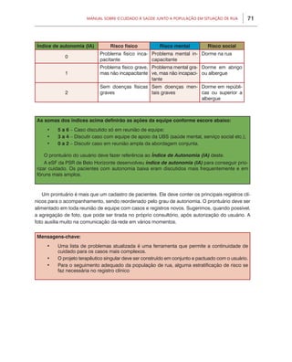 71Manual sobre 0 Cuidado à Saúde junto a População em Situação de Rua
Índice de autonomia (IA) Risco físico Risco mental Risco social
0
Problema físico inca-
pacitante
Problema mental in-
capacitante
Dorme na rua
1
Problema físico grave,
mas não incapacitante
Problema mental gra-
ve, mas não incapaci-
tante
Dorme em abrigo
ou albergue
2
Sem doenças físicas
graves
Sem doenças men-
tais graves
Dorme em repúbli-
cas ou superior a
albergue
As somas dos índices acima definirão as ações da equipe conforme escore abaixo:
•	 5 a 6 – Caso discutido só em reunião de equipe;
•	 3 a 4 – Discutir caso com equipe de apoio da UBS (saúde mental, serviço social etc.);
•	 0 a 2 – Discutir caso em reunião ampla da abordagem conjunta.
O prontuário do usuário deve fazer referência ao Índice de Autonomia (IA) deste.
A eSF da PSR de Belo Horizonte desenvolveu índice de autonomia (IA) para conseguir prio-
rizar cuidado. Os pacientes com autonomia baixa eram discutidos mais frequentemente e em
fóruns mais amplos.
Um prontuário é mais que um cadastro de pacientes. Ele deve conter os principais registros clí-
nicos para o acompanhamento, sendo reordenado pelo grau de autonomia. O prontuário deve ser
alimentado em toda reunião de equipe com casos e registros novos. Sugerimos, quando possível,
a agregação de foto, que pode ser tirada no próprio consultório, após autorização do usuário. A
foto auxilia muito na comunicação da rede em vários momentos.
Mensagens-chave:
•	 Uma lista de problemas atualizada é uma ferramenta que permite a continuidade de
cuidado para os casos mais complexos.
•	 O projeto terapêutico singular deve ser construído em conjunto e pactuado com o usuário.
•	 Para o seguimento adequado da população de rua, alguma estratificação de risco se
faz necessária no registro clínico
 