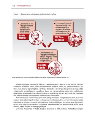 12     MINISTÉRIO DA SAÚDE




  Figura 1 – Esquema da estruturação do Consultório na Rua




Fonte: Ministério da Saúde. Secretaria de Atenção à Saúde. Departamento de Atenção Básica, 2012




      A Política Nacional de Atenção Básica – PNAB/Portaria nº 2.488, de 21 de outubro de 2011,
  caracteriza a atenção básica como um conjunto de ações de saúde, no âmbito individual e co-
  letivo, que abrange a promoção e a proteção da saúde, a prevenção de agravos, o diagnóstico,
  o tratamento, a reabilitação, a redução de danos e a manutenção da saúde, com o objetivo de
  desenvolver uma atenção integral que impacte na situação de saúde e autonomia das pessoas e
  nos determinantes e condicionantes de saúde das coletividades.
      A atenção básica considera o sujeito em sua singularidade e inserção sociocultural, buscando
  produzir a atenção integral, sendo o contato preferencial dos usuários com os sistemas de saúde,
  orientando-se pelos princípios da universalidade, da acessibilidade e da coordenação do cuidado,
  do vínculo e do acompanhamento longitudinal, da integralidade, da responsabilização, da huma-
  nização, da equidade e da participação social.
      O Decreto Presidencial nº 7.053, de 23 de dezembro de 2009, institui a Política Nacional para
 