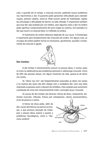 Manual do Cuidador da Pessoa Idosa | 211
culo, e quando ele se rompe, o músculo encurta, podendo causar problemas
nos movimentos e dor. O paciente pode apresentar dificuldade para estender
roupas, pentear cabelos, vestir-se. Pode ocorrer perda de mobilidade, rigidez
da articulação e dificuldade de dormir no lado afetado. É importante também
que essa dor seja avaliada por um médico, pois algumas vezes a dor no ombro
pode significar comprometimento de outro órgão ou sistema. Um exemplo é a
dor que ocorre na vesícula biliar e é refletida no ombro.
O tratamento do ombro doloroso depende de sua causa. A fisioterapia
é importante para fortalecimento dos músculos do ombro. Em alguns caso, as
cirurgias de ombro podem tornar-se necessárias, geralmente, quando o rompi-
mento do músculo é agudo.
Dor lombar
A dor lombar é extremamente comum na pessoa idosa, e muitas vezes
se inicia na adolescência por problemas posturais e sobrecarga muscular. Cerca
de 50% das pessoas idosas, em algum momento da vida, queixa-se de dores
nas costas.
As “dores nos rins” são freqüentemente associadas às dores nas costas
e na maioria das vezes não têm relação com a verdadeira dor. Com essa falsa
impressão as pessoas usam e abusam de remédios, chás e poções que aumentam
a produção de urina sem necessariamente tratar a principal causa: muscular.
As causas de dor lombar são diversas: hérnia de disco, osteoartrite, dis-
tensão muscular, infecção, fratura por osteoporose, câncer, psicossomática,
erros de postura e outras.
A hérnia de disco pode, além da
dor, causar dormência nas pernas ou bra-
ços, o que provoca sensação de medo,
pois a pessoa idosa associa a queixa a
problemas neurológicos, como o “der-
rame cerebral”.
 