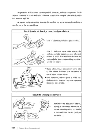 268 | Tomiko Born (organizadora)
As grandes articulações como quadril, ombros, joelhos são pontos facili-
tadores durante as transferências. Procure posicionar sempre suas mãos próxi-
mas a essas regiões.
A seguir serão descritas formas de auxiliar ou até mesmo de realizar a
transferência da pessoa idosa.
Decúbito dorsal (barriga para cima) para lateral
Fase 1. Dobre as pernas da pessoa idosa.
Fase 2. Coloque uma mão abaixo do
ombro, no lado oposto ao que ela será
virada. A outra mão ficará no quadril do
mesmo lado. Vire a pessoa idosa em dire-
ção ao seu corpo.
• Outra alternativa, é colocar um forro, isto
é, um lençol dobrado que atravessa a
cama, sob a pessoa idosa.
• Para transferir, eleve e puxe o forro cui-
dadosamente, fazendo com que a pessoa
idosa vire para o lado.
Decúbito lateral para sentado
• Partindo de decúbito lateral,
coloque uma mão na nuca e a
outra sob o quadril, trazendo
a pessoa idosa para a posição
sentada.
 