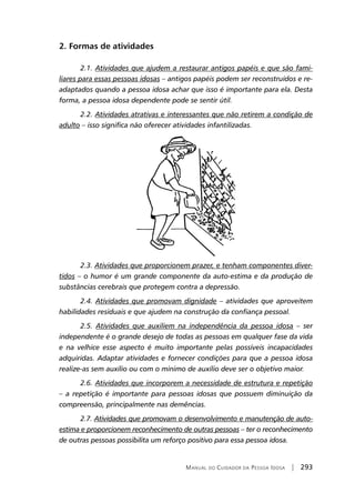 Manual do Cuidador da Pessoa Idosa | 293
2. Formas de atividades
2.1. Atividades que ajudem a restaurar antigos papéis e que são fami-
liares para essas pessoas idosas – antigos papéis podem ser reconstruídos e re-
adaptados quando a pessoa idosa achar que isso é importante para ela. Desta
forma, a pessoa idosa dependente pode se sentir útil.
2.2. Atividades atrativas e interessantes que não retirem a condição de
adulto – isso significa não oferecer atividades infantilizadas.
2.3. Atividades que proporcionem prazer, e tenham componentes diver-
tidos – o humor é um grande componente da auto-estima e da produção de
substâncias cerebrais que protegem contra a depressão.
2.4. Atividades que promovam dignidade – atividades que aproveitem
habilidades residuais e que ajudem na construção da confiança pessoal.
2.5. Atividades que auxiliem na independência da pessoa idosa – ser
independente é o grande desejo de todas as pessoas em qualquer fase da vida
e na velhice esse aspecto é muito importante pelas possíveis incapacidades
adquiridas. Adaptar atividades e fornecer condições para que a pessoa idosa
realize-as sem auxílio ou com o mínimo de auxílio deve ser o objetivo maior.
2.6. Atividades que incorporem a necessidade de estrutura e repetição
– a repetição é importante para pessoas idosas que possuem diminuição da
compreensão, principalmente nas demências.
2.7. Atividades que promovam o desenvolvimento e manutenção de auto-
estima e proporcionem reconhecimento de outras pessoas – ter o reconhecimento
de outras pessoas possibilita um reforço positivo para essa pessoa idosa.
 