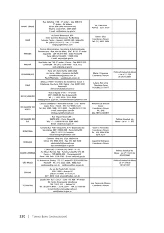 330 | Tomiko Born (organizadora)
MINAS GERAIS
Rua da Bahia 1148 – 3º andar – Sala 308/312
3º Andar – Ed Maleta
30160.906- Belo Horizonte/MG
Tel:(31) 3222.9737 / 3291-8207
E-mail: cei@sedese.mg.gov.br
Sec. Executiva
Patrícia - 3277.5730
PARÁ
Av Gentil Bittencout, 650
Entre Quintino Bocaiúva e Rui Barbosa
Subsolo Centur – Nazaré - 66035-340 - Belém/PA
Tel: (091) 3202-4312 - Fax: 3222-3990
cedpi.pa@hotmail.com
Eliene Silva
Coordena o Fórum
Cel: (91) 9902.5484
PARAIBA
Centro Administrativo -Secretaria de Administração
Penitenciaria –Rua João da Mata, S/Nº Bl. 02- 5º andar
Jaguaribe - CEP: 58.019-900 - João Pessoa/PB
Fone: (83) 3218.4489 / 9989.3094
E-mail: secjus@pb.gov.br
PARANÁ
Rua Pedro Ivo 750- 5º andar - Centro - Cep 80010.230
Curitiba/PR - Tel: (41) 3324.4685 - 3319.2622
cedi-pr@setp.pr.gov.br
PERNAMBUCO
Fone: (81) 3243.5296/ 3241.8364
Av. Norte –2944 – Rozarino-Recife/PE
conselhoidoso@yahoo.com.br
Paula Machado. - uasi@saude.pe.gov.br
Maria F. Figueroa
Coordena o Fórum
Política Estadual do Idoso
– Lei nº 12.109
de 26/11/2001
PIAUÍ
(86)3223.4660 -Secretária de Assistência Social e
Cidadania –Rua Acre, 340- Cabral –Cep: 64001-650
Teresina/PI
alencarsetubal@uol.com.br
Juliana Reis Lima
Coordena Forun
FAX:(86) 221.5977
RIO DE JANEIRO
Rua da Ajuda nº 05 – 11º andar
CEP: 20020-00- Rio de Janeiro/RJ
Tel: (21) 2532.6359 / 2299.3398
cedepi@social.rj.gov.br ; conselhoidoso11@hotmail.com
RIO GRANDE DO
NORTE
Casa da Cidadania – Romualdo Galvão 2210 – Bairro
Lagoa Nova – Natal – RN - CEP 59062-320
Tel. (84) 3232.2348 / 3311.8635 - Fax (84) 3232.1199
E-mail: seasrn@bol.com.br
etildegurgel@hotmail.com
Antonio Gal dino de
Souza
Coordena o Fórum
Tel.: (84)
232.1811/ 2321817
RIO GRANDE DO
SUL
Rua Miguel Teixeira 86 –
90050-250 – Porto Alegre/RS
Tel:( 51) 3288.6618 FAX: 3288.6645
Email: cei@stcas.rs.gov.br
Política Estadual do
Idoso – Lei nº 11.517
RONDONIA
Contato:Rua Padre Chiquinho, 670 –Esplanada das
Secretárias- CEP: 78903-038 – Porto Velho/RO
(69) 3216.5215 (Contato)
claudiarosapvh@hotmail.com
Marie I. Fernandes
Coordena o Fórum
Tel.: (69) 9994.8784
3216.5215
RORAIMA
Contato: Edna (95) 3224.0430/0576
Vilmar (95) 9963.0476 - Fax. (95) 623.9268
edinhafelix5@hotmail.com
dpia.setrabes@cti.rr.gov.br
Jaqueline Rodrigues
Coordena o Fórum
SANTA CATARINA
CONSELHO ESTADUAL DO IDOSO CEI / SC
Av. Mauro Ramos, 722 - Fundos, Salas 06, 07 E 08
Centro - CEP 88020-300 - Florianópolis/SC 
Fone / FAX: 048- 3229-3783 - E-mail: cei@sst.gov.br
Política Estadual do
Idoso – Lei nº 11.436 de
07/07/2000
SÃO PAULO
R. Antonio de Godoy, 122 -11º andar-CEP 01034-000 São
Paulo/SP - Tel.: (11) 3222.1229 / 3362.0221
ceidososp@ig.com.br cei@consellhos.sp.gov.br
Política Estadual do Idoso
Lei nº 374 de
10/12/1997
SERGIPE
Av. Ivo do Prado 540 - Centro
49015.680 – Aracaju/SE
(79) 3179.7686 9141.5426
3211.6578 resid. alvaro@brabec.com.br
TOCANTINS
Quadra 401 Sul – Conj 1 – Lote 1-Sl. 406 -4º Andar
Ed.Centro Empresarial Mendonça
CEP:77015.552 - Palmas/TO
Tel.: (63)3119.9107 / 3218.22.04 - FAX: 3218.69.00
E-mail:khellencristina@gmail.com
cedi@setas.to.gov.br
José Pereira de Oliveira
Coordena o Fórum
 