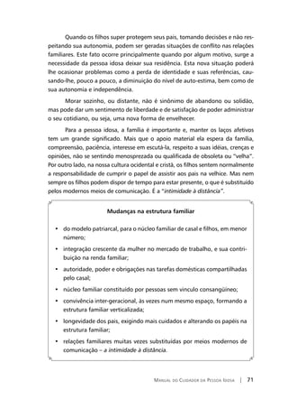 Manual do Cuidador da Pessoa Idosa | 71
Quando os filhos super protegem seus pais, tomando decisões e não res-
peitando sua autonomia, podem ser geradas situações de conflito nas relações
familiares. Este fato ocorre principalmente quando por algum motivo, surge a
necessidade da pessoa idosa deixar sua residência. Esta nova situação poderá
lhe ocasionar problemas como a perda de identidade e suas referências, cau-
sando-lhe, pouco a pouco, a diminuição do nível de auto-estima, bem como de
sua autonomia e independência.
Morar sozinho, ou distante, não é sinônimo de abandono ou solidão,
mas pode dar um sentimento de liberdade e de satisfação de poder administrar
o seu cotidiano, ou seja, uma nova forma de envelhecer.
Para a pessoa idosa, a família é importante e, manter os laços afetivos
tem um grande significado. Mais que o apoio material ela espera da família,
compreensão, paciência, interesse em escutá-la, respeito a suas idéias, crenças e
opiniões, não se sentindo menosprezada ou qualificada de obsoleta ou “velha”.
Por outro lado, na nossa cultura ocidental e cristã, os filhos sentem normalmente
a responsabilidade de cumprir o papel de assistir aos pais na velhice. Mas nem
sempre os filhos podem dispor de tempo para estar presente, o que é substituído
pelos modernos meios de comunicação. É a “intimidade à distância”.
Mudanças na estrutura familiar
•   do modelo patriarcal, para o núcleo familiar de casal e filhos, em menor
número;
•   integração crescente da mulher no mercado de trabalho, e sua contri-
buição na renda familiar;
•   autoridade, poder e obrigações nas tarefas domésticas compartilhadas
pelo casal;
•   núcleo familiar constituído por pessoas sem vinculo consangüíneo;
•   convivência inter-geracional, às vezes num mesmo espaço, formando a
estrutura familiar verticalizada;
•   longevidade dos pais, exigindo mais cuidados e alterando os papéis na
estrutura familiar;
•   relações familiares muitas vezes substituídas por meios modernos de
comunicação – a intimidade à distância.
 