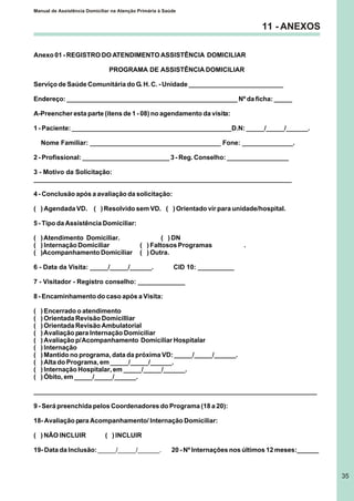 Manual de Assistência Domiciliar na Atenção Primária à Saúde
35
11 - ANEXOS
Anexo 01 - REGISTRO DO ATENDIMENTO ASSISTÊNCIA DOMICILIAR
PROGRAMA DE ASSISTÊNCIA DOMICILIAR
Serviço de Saúde Comunitária do G. H. C. - Unidade __________________________
Endereço: _______________________________________________ Nº da ficha: _____
A-Preencher esta parte (ítens de 1 - 08) no agendamento da visita:
1 - Paciente: ____________________________________________D.N: _____/_____/______.
Nome Familiar: ____________________________________ Fone: ______________.
2 - Profissional: ________________________ 3 - Reg. Conselho: _________________
3 - Motivo da Solicitação:
_______________________________________________________________________
4 - Conclusão após a avaliação da solicitação:
( ) Agendada VD. ( ) Resolvido sem VD. ( ) Orientado vir para unidade/hospital.
5 - Tipo da Assistência Domiciliar:
( )Atendimento Domiciliar. ( ) DN
( ) Internação Domiciliar ( ) Faltosos Programas .
( )Acompanhamento Domiciliar ( ) Outra.
6 - Data da Visita: _____/_____/______. CID 10: __________
7 - Visitador - Registro conselho: _____________
8 - Encaminhamento do caso após a Visita:
( ) Encerrado o atendimento
( ) Orientada Revisão Domicilliar
( ) Orientada Revisão Ambulatorial
( ) Avaliação para Internação Domiciliar
( ) Avaliação p/Acompanhamento Domiciliar Hospitalar
( ) Internação
( ) Mantido no programa, data da próxima VD: _____/_____/______.
( ) Alta do Programa, em _____/_____/______.
( ) Internação Hospitalar, em _____/_____/______.
( ) Óbito, em _____/_____/______.
______________________________________________________________________________
9 - Será preenchida pelos Coordenadores do Programa (18 a 20):
18- Avaliação para Acompanhamento/ Internação Domiciliar:
( ) NÃO INCLUIR ( ) INCLUIR
19- Data da Inclusão:_____/_____/______. 20 - Nº Internações nos últimos 12 meses:______
 