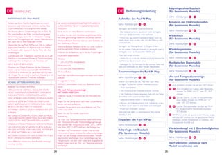 24 25
WARNUNG
24 25
DE
Flecken auf lhrem Pack‘N Play können mit einem
Schwamm und Seifenwasser entfernt werden. Das
Obermaterial kann nicht abgenommen werden.
Am Strand oder im Garten reinigen Sie Ihr Pack ‚N
Play, einschließlich der Füße, von Sand und groben
Verschmutzungen, bevor Sie es einpacken. Gelangt
Sand in die Verriegelungen der oberen Geländerschie-
nen, kann dies zu Beschädigungen führen.
Überprüfen Sie das Pack ‚N Play von Zeit zu Zeit auf
abgenutzte Teile, Risse im Material oder lose Nähte
hin. Ersetzen oder reparieren Sie die Teile, falls dies
notwendig ist.
Zum Reinigen der Tragetasche waschen Sie sie in der
Maschine in lauwarmem Wasser im Schonwaschgang
und hängen Sie sie tropfnass zum Trocknen auf
KEINE BLEICHE BENUTZEN.
Waschen der Wiege: Entfernen Sie das Elektronik-
modul und die Vibrationseinheit (BEI BESTIMMTEN
MODELLEN). Entfernen Sie das Kabel NIEMALS aus
der Wiege. Mit der Hand in warmem Wasser und mit
Haushaltsseife waschen. Tropfnass aufhängen.
Batterien von Kindern fernhalten.
VERSUCHEN SIE NIEMALS, REGULÄRE ODER
NICHT WIEDERAUFLADBARE BATTERIEN BZW.
ALKALIBATTERIEN WIEDER AUFZULADEN.
DIESE KÖNNEN EXPLODIEREN ODER AUSLAUFEN.
LADEN SIE KEINE BATTERIEN IN EINEM LADE-
GERÄT AUF, DAS NICHT FÜR DEN VON IHNEN
BENUTZTEN BATTERIETYP GEEIGNET.
BATTERIEN NIEMALS DURCH VERBRENNEN ENT-
SORGEN.
BATTERIEN KÖNNEN PLATZEN ODER SCHÄDLI-
CHE SUBSTANZEN FREISETZEN. ALLE BATTERIEN
GLEICHZEITIG ERSETZEN/WIEDERAUFLADEN.
VERBRAUCHTE BATTERIEN SICHER ENTSORGEN.
UM EVENTUELLEN SCHÄDEN DURCH AUSLAU-
FEN DER BATTERIE VORZUBEUGEN, ENTFERNEN
SIE LEERE BATTERIEN AUS DER WIEGE.
BATTERIEN MÜSSEN MIT DER KORREKTEN POLA-
RITÄT ANGESCHLOSSEN WERDEN.
Leere Batterien müssen aus dem Produkt herausge-
nommen werden.
DIE ANSCHLÜSSE DER ELEKTRIZITÄTSVERSOR-
GUNG DÜRFEN NICHT KURZGESCHLOSSEN
WERDEN.
Keine neuen und alten Batterien kombinieren.
Es sollten nur die vom Hersteller empfohlenen Batte-
rien oder gleichwertige Batterien verwendet werden.
Wiederaufladbare Batterien sind vor dem Aufladen aus
dem Spielzeug entfernen.
Wiederaufladbare Batterien dürfen nur unter Aufsicht
einer erwachsenen Person aufgeladen werden.
Entfernen Sie die Batterien, bevor Sie das Produkt lagern.
Empfohlene Batteriearten-
Vibration:
1- 1,5V-,,D‘‘-LP20 Zellenbatterie.
Elektronikmodul:
3-1,5V,,AA‘‘-LR6 Zellenbatterien.
Wiederaufladbar-
Nach den Herstelleranweisungen benutzen und wieder
aufladen.
Einwegbatterie-AIkaIi.
NIEMALS verschiedene Arten von Batterien kombi-
nieren.
Uhr und Temperaturanzeige
BATTERIEN ERSETZEN:
Entfernen Sie die 4 Schrauben an der Rückseite des
Teils.
Biegen Sie die Lasche leicht nach oben und entfernen
Sie die verbrauchte Batterie.
Ersetzten Sie sie durch eine neue Batterie vom Typ
L1154 oder LR44.
Bauen Sie das Teil wieder zusammen.
Anmerkung:
Der Zeit- und Temperaturmonitor sollte nicht extre-
men Temperaturen oder Wetterbedingungen ausge-
setzt werden. Bei Temperaturen unter -20°C (-40°F)
oder über 60°C (140°F) stellt sich die Anzeige aus.
Nachdem die Temperaturen wieder eine normale
Höhe erreicht haben, drücken Sie auf einen beliebigen
Knopf, um die Anzeige wieder einzuschalten. Tempe-
raturmonitor beschädigen. Eine Langzeitlagerung bei
Temperaturen, die über oder unter dem angegebenen
Bereich liegen, kann die Zeit- und Temperaturanzeige
beschädigen.
INSTANDHALTUNG UND PFLEGE
SICHERE BATTERIEANWENDUNG
Siehe Abbildungen -
Siehe Abbildungen -
Siehe Abbildungen -
Siehe Abbildungen -
Siehe Abbildungen -
Siehe Abbildungen -
Siehe Abbildungen -
Siehe Abbildungen -
Siehe Abbildungen -
Siehe Abbildungen -
6
11
1
7
Bedienungsanleitung
Aufstellen des Pack’N Play
Zusammenlegen des Pack’N Play
12
14
52
45
34
61
65
84
13
33
60
51
44
64
73
86
Einpacken des Pack’N Play
Babywiege mit Staufach
(Für bestimmte Modelle)
Wickeltisch
(Für bestimmte Modelle)
Benutzen des Elektronikmoduls
(Für bestimmte Modelle)
Babywiege ohne Staufach
(Für bestimmte Modelle)
Windelorganisator
(Für bestimmte Modelle)
Musikalisches Drehmobile
(Für bestimmte Modelle)
Uhr und Temperaturanzeige
(Für bestimmte Modelle)
Die Funktionen können je nach
Modell verschieden sein
Vibrationsknopf mit 2 Geschwindigkeiten
(Für bestimmte Modelle)
Verriegeln der hinteren Geländerschienen
• Die Geländerschienen lassen sich nicht verriegeln,
wenn sich die Bodenmitte unten befindet.
• Wenn sich die oberen Geländerschienen nicht ver-
riegeln lasser, kann es sein, dass sich die Mitte zu weit
unten befindet.
Verriegeln der Seitengeländer. Es ist ganz einfach:
um die oberen Geländerschienen zu verriegeln oder zu
entriegeln, muss die Bodenmitte OBEN sein.
Mitte nach unten drücken
• Halten Sie ein Ende der Einheit hoch und drücken Sie
die Mitte des Bodens nach unten.
• Befestigen Sie die Matratze mit der weichen Seite nach
oben und befestigen Sie diese mit den Klettstreifen.
Drehen und ziehen Sie die Mitte halb nach oben.
Entriegeln Sie die vier oberen Geländerschienen
1. Nach oben ziehen
2. Den Knopf auf den Geländerschienen drücken.
3. Alle Geländerschienen absenken. Falls sich die Gelän-
derschiene nicht zusammenfalten lässt
• Geländerschienen haben 2 Verbindungen.
Sollte sich die Geländerschiene nicht vollständig zusam-
menfalten lassen, dann ist eine Seite nicht entriegelt.
• Knopf zum Entriegeln drücken.
WENDEN SIE BEIM ZUSAMMENFALTEN KEINE
GEWALT AN!
DE
74
75
77
81
83
76
79
82
Zum Einstellen, drücken Sie auf den “SET”-Knopf.
Zum Einstellen von Celsius oder Fahrenheit,
drücken Sie TEMP und “C” oder “F” . SET
drücken.
Um die Zeit im 12 oder 24 Stundenmodus
einzu-stellen, drücken Sie TEMP von “12”
oder “24”. SET drücken.
Um die Zeit einzustellen drücken Sie TEMP
bis die gewünschte Stundenzahl erscheint.
SET drücken.
TEMP drücken bis die gewünschten Minuten einges-
tellt sind. SET drücken, um die gewünschte Zeit zu
bestätigen und die Einstellphase zu verlassen. Der
Doppelpunkt leuchtet auf.
-
-
-
 