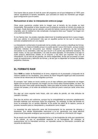 Una buena idea es poner el nivel de zoom del programa con el que trabajemos al 100% para
valorar visualmente el tamaño resultante, que coincidirá en todos los monitores que tengan
igual configuración que el nuestro.
Remuestrear al alza: la interpolación entra en juego
Otras veces querremos ampliar tanto la imagen que el tamaño de los píxeles se hará
insoportable. Remuestrear al alza requiere que el programa aumente el número de píxeles de
la imagen. Suele decirse que se calculan una serie de valores nuevos que se insertan entre los
originales, pero la realidad es más complicada: el programa tiene que "mapear" la imagen con
una cuadrícula diferente.
Si nos fijamos bien, los píxeles originales determinan la tonalidad general de la nueva imagen,
pero sus valores no permanecen más que en aquellos puntos en los que el nuevo píxel
coincide completamente con uno original.
La interpolación contrarresta el escalonado de los píxeles, pero suaviza y desdibuja las formas.
Lógicamente, no mejora el detalle porque no puede aportar nueva información, aunque existen
diferentes métodos de remuestreo que intentan recuperar la definición de las formasEl
remuestreo no es reversible y sólo hay que recurrir a él cuando sea realmente necesario. De
todos modos, no hay que descartarlo, a la vista de estos ejemplos. El remuestreo a la baja no
suele producir alteraciones visibles en el conjunto y hay fotos que soportan muy bien la
interpolación. Es el caso de las grandes, de varios megapíxeles, de las que ya posean un buen
rango de exposiciones y definición de formas, y de las que no dependan en exceso de detalles
pequeños o texturas.
EL FORMATO RAW
Decir RAW es hablar de flexibilidad en la toma, exigencia en el procesado y búsqueda de la
máxima calidad en los resultados. Una manera de hacer fotografía digital que está socavando
muchas de las reticencias de los fotógrafos químicos.
El concepto "raw" (datos en bruto) existía ya en el viejo software para tratamiento de imagen
digital como la forma de exportar una imagen con los únicos datos imprescindibles, es decir, los
valores de píxel. Para poder abrirla después, había que saber el número de filas y columnas, el
número de canales y si el orden de anotación era píxel por píxel o canal por canal, entre otras
cosas.
Era algo así como exportar texto limpio, sólo con saltos de párrafo, sin más atributos de
carácter o formato.
Este tipo de archivo aún sobrevive, aunque hoy la compatibilidad se soluciona estableciendo
formatos estándar que reconocen todos los programas. Sin embargo, la idea del formato en
bruto ha emergido con un sentido diferente: el de anotar los datos de la captura, previos al
proceso necesario para su interpretación y visualización como imagen.
La necesidad de esta traducción viene del funcionamiento de los sensores de cámaras y
escáneres. Sus células fotosensibles reaccionan a la luz, generando una carga eléctrica
proporcional (respuesta analógica) que se puede medir y convertir en información de imagen.
No es exacto que sólo distingan intensidad de luz y no las longitudes de onda que caracterizan
a los colores, ya que su sensibilidad espectral no es homogénea. Sin embargo, al
superponerse con la intensidad lumínica, es imposible extraer la información cromática del
recuento de electrones.
- 122 -
 