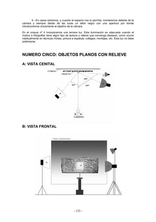 4.- En casos extremos, y cuando el espacio nos lo permita, montaremos delante de la
cámara y siempre detrás de las luces un telón negro con una apertura por donde
introduciremos únicamente el objetivo de la cámara
En el croquis nº 4 incorporamos una tercera luz. Esta iluminación es adecuada cuando el
motivo a fotografiar tiene algún tipo de textura o relieve que convenga destacar, como ocurre
habitualmente en técnicas mixtas, pintura a espátula, collages, montajes, etc. Esta luz no debe
polarizarse.
NUMERO CINCO: OBJETOS PLANOS CON RELIEVE
A: VISTA CENITAL
B: VISTA FRONTAL
- 135 -
 