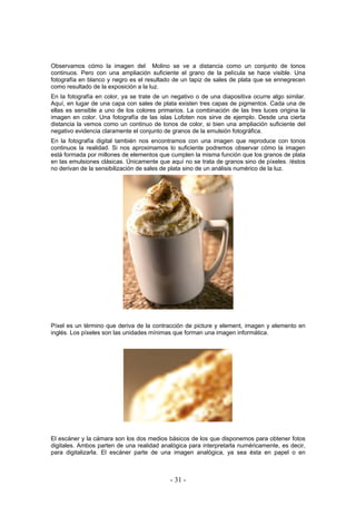 Observamos cómo la imagen del Molino se ve a distancia como un conjunto de tonos
continuos. Pero con una ampliación suficiente el grano de la película se hace visible. Una
fotografía en blanco y negro es el resultado de un tapiz de sales de plata que se ennegrecen
como resultado de la exposición a la luz.
En la fotografía en color, ya se trate de un negativo o de una diapositiva ocurre algo similar.
Aquí, en lugar de una capa con sales de plata existen tres capas de pigmentos. Cada una de
ellas es sensible a uno de los colores primarios. La combinación de las tres luces origina la
imagen en color. Una fotografía de las islas Lofoten nos sirve de ejemplo. Desde una cierta
distancia la vemos como un continuo de tonos de color, si bien una ampliación suficiente del
negativo evidencia claramente el conjunto de granos de la emulsión fotográfica.
En la fotografía digital también nos encontramos con una imagen que reproduce con tonos
continuos la realidad. Si nos aproximamos lo suficiente podremos observar cómo la imagen
está formada por millones de elementos que cumplen la misma función que los granos de plata
en las emulsiones clásicas. Únicamente que aquí no se trata de granos sino de píxeles. /éstos
no derivan de la sensibilización de sales de plata sino de un análisis numérico de la luz.
Píxel es un término que deriva de la contracción de picture y element, imagen y elemento en
inglés. Los píxeles son las unidades mínimas que forman una imagen informática.
El escáner y la cámara son los dos medios básicos de los que disponemos para obtener fotos
digitales. Ambos parten de una realidad analógica para interpretarla numéricamente, es decir,
para digitalizarla. El escáner parte de una imagen analógica, ya sea ésta en papel o en
- 31 -
 