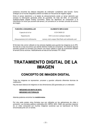 podíamos encontrar los clásicos disquetes de ordenador cumpliendo esta función. Como
analogía con el mundo fotográfico anterior se habla con frecuencia de negativo digital.
Entre el sensor electrónico y la tarjeta de almacenamiento existe un tercer elemento que
procesa la información generada antes de guardarla. Se trata del DAC, el convertidor
analógico-digital (Digital Analog Converter). Aplica los algoritmos de compresión a la
información en bruto que proviene del sensor y la convierte en un formato concreto de archivo
de imagen.
FUNCIÓN A DESARROLLAR ELEMENTO IMPLICADO
Captación de la luz CCD CMOS X3
Digitalización DAC (conversor analógico-digital)
Almacenamiento de la información memory stick compact flash flash card multimedia card
El formato más común utilizado en las cámaras digitales para guardar las imágenes es el JPG.
Se trata de un tipo de archivo que admite distintos niveles de compresión. No obstante algunas
permiten guardar en formatos que ofrecen una mayor calidad a costa de incrementar también
el tamaño de los archivos. Habitualmente se trata de los formatos TIF o RAW
TTRRAATTAAMMIIEENNTTOO DDIIGGIITTAALL DDEE LLAA
IIMMAAGGEENN
CCOONNCCEEPPTTOO DDEE IIMMAAGGEENN DDIIGGIITTAALL
Todas las imágenes se representan, procesan y guardan utilizando diferentes técnicas de
codificación.
Hay dos tipos básicos de imágenes en dos dimensiones (2D) generadas por un ordenador:
· IMÁGENES DE MAPA DE BITS
· IMÁGENES VECTORIALES
Además podemos encontrar los metaformatos
Por otra parte existen otros formatos que son utilizados en las aplicaciones de vídeo o
animación. Los formatos gráficos multimedia (AVI, MPEG, MOV, RAM, etc) permiten disponer
de un video compuesto por muchas imágenes sucesivas que se reproducen de forma
sincronizada junto con un sonido.
- 33 -
 