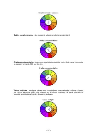 Dobles complementarios : dos parejas de colores complementarios entre sí.
Tríadas complementarias : tres colores equidistantes tanto del centro de la rueda, como entre
sí, es decir, formando 120º uno del otro.
Gamas múltiples : escala de colores entre dos siguiendo una graduación uniforme. Cuando
los colores extremos están muy próximos en el círculo cromático, la gama originada es
conocida también con el nombre de colores análogos.
- 61 -
 