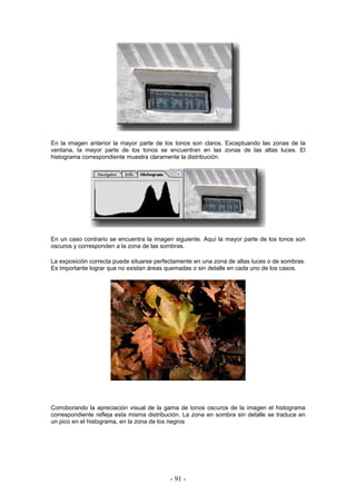 En la imagen anterior la mayor parte de los tonos son claros. Exceptuando las zonas de la
ventana, la mayor parte de los tonos se encuentran en las zonas de las altas luces. El
histograma correspondiente muestra claramente la distribución.
En un caso contrario se encuentra la imagen siguiente. Aquí la mayor parte de los tonos son
oscuros y corresponden a la zona de las sombras.
La exposición correcta puede situarse perfectamente en una zona de altas luces o de sombras.
Es importante lograr que no existan áreas quemadas o sin detalle en cada uno de los casos.
Corroborando la apreciación visual de la gama de tonos oscuros de la imagen el histograma
correspondiente refleja esta misma distribución. La zona en sombra sin detalle se traduce en
un pico en el histograma, en la zona de los negros
- 91 -
 