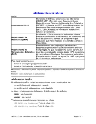 Alinhamentos em tabelas
tabelas:
                                  O Instituto de Ciências Matemáticas de São Carlos
                                  (ICMSC-USP) é formado pelos Departamentos de
                                  Matemática e de Ciências de Computação e Estatística.
Prédio principal do ICMSC-USP     O ICMSC originou-se em 1953, como Departamento de
                                  Matemática da Escola de Engenharia de São Carlos
                                  (EESC-USP), fundado por renomados matemáticos
                                  italianos e brasileiros.
                                  Atualmente, o Departamento de Matemática oferece
                                  cursos de Licenciatura e Bacharelado em Matemática em
Departamento de
                                  nível de graduação, além de um programa de pós-
Matemática (SMA)
                                  graduação que inclui mestrado e doutorado na área de
                                  Matemática.
                                  O Departamento de Computação e Estatística é
                                  responsável pelo curso de Bacharelado em Ciência de
Departamento de                   Computação, no qual ingressam 40 alunos por ano. Em
Computação e Estatística          nível de pós-graduação oferece, desde 1975, o programa
(SCE)                             de mestrado em Ciências de Computação e Matemática
                                  Computacional e, a partir de agosto de 1995, o programa
                                  de doutorado na mesma área.
Para maiores informações:
    Cursos de Graduação: "grad@icmsc.sc.usp.br
    Cursos de Pós-Graduação: "posgrad@icmsc.sc.usp.br

O conteúdo é informativo, porém a apresentação não é agradável devido à disposição do texto na
tabela.
Primeiro, vamos mexer com os alinhamentos.

Alinhamentos simples
Os alinhamentos padrão em tabelas, como podemos ver no exemplo acima, são:
    no sentido horizontal: alinhamento à esquerda
    no sentido vertical: alinhamento no centro da célula
As linhas e células podem ter alinhamentos definidos através dos atributos:
    ALIGN = alin_horizontal
    VALIGN = alin_vertical
Vejamos como esses alinhamentos funcionam nas células:
    <TD ALIGN=alin_horizontal>Texto da célula</TD>
    <TD VALIGN=alin_vertical>Texto da célula</TD>




APOSTILA CURSO – INTRODUÇÃO HTML, JAVASCRIPT E PHP                              Pagina - 21 -
 