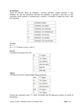 de atribuição
Existe um operador básico de atribuição e diversos derivados. Sempre retornam o valor
atribuído. No caso dos operadores derivados de atribuição, a operação é feita entre os dois
operandos, sendo atribuído o resultado para o primeiro. A atribuição é sempre por valor, e não
por referência.

                            =             atribuição simples
                            +=            atribuição com adição
                            -=            atribuição com subtração
                            *=            atribuição com multiplicação
                            /=            atribuição com divisão
                            %=            atribuição com módulo
                            .=            atribuição com concatenação
Exemplo:
$a = 7;
$a += 2; // $a passa a conter o valor 9

bit a bit
Comparam dois números bit a bit.
                                     &           "e" lógico
                                     |           "ou" lógico
                                     ^           ou exclusivo
                                     ~           não (inversão)
                                     <<          shift left
                                     >>          shift right
Lógicos
Utilizados para inteiros representando valores booleanos
                                     and         "e" lógico
                                     or          "ou" lógico
                                     xor         ou exclusivo
                                     !           não (inversão)
                                     &&          "e" lógico
                                     ||          "ou" lógico
Existem dois operadores para "e" e para "ou porque eles têm diferentes posições na ordem de
precedência.

APOSTILA CURSO – INTRODUÇÃO HTML, JAVASCRIPT E PHP                              Pagina - 74 -
 