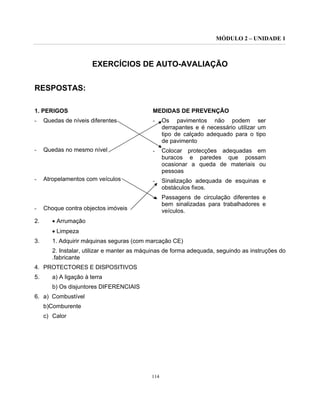 MÓDULO 2 – UNIDADE 1
114
EXERCÍCIOS DE AUTO-AVALIAÇÃO
RESPOSTAS:
1. PERIGOS MEDIDAS DE PREVENÇÃO
- Quedas de níveis diferentes
- Quedas no mesmo nível
- Atropelamentos com veículos
- Choque contra objectos imóveis
- Os pavimentos não podem ser
derrapantes e é necessário utilizar um
tipo de calçado adequado para o tipo
de pavimento
- Colocar protecções adequadas em
buracos e paredes que possam
ocasionar a queda de materiais ou
pessoas
- Sinalização adequada de esquinas e
obstáculos fixos.
- Passagens de circulação diferentes e
bem sinalizadas para trabalhadores e
veículos.
2. • Arrumação
• Limpeza
3. 1. Adquirir máquinas seguras (com marcação CE)
2. Instalar, utilizar e manter as máquinas de forma adequada, seguindo as instruções do
.fabricante
4. PROTECTORES E DISPOSITIVOS
5. a) A ligação à terra
b) Os disjuntores DIFERENCIAIS
6. a) Combustível
b)Comburente
c) Calor
 