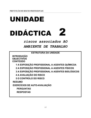 PREVENÇÃO DE RISCOS PROFISSIONAIS
117
UNIDADE
DIDÁCTICA 2
riscos associados AO
AMBIENTE DE TRABALHO
ESTRUTURA DA UNIDADE
INTRODUÇÃO
OBJECTIVOS
CONTEÚDO
1 A EXPOSIÇÃO PROFISSIONAL A AGENTES QUÍMICOA
2 A EXPOSIÇÃO PROFISSIONAL A AGENTES FÍSICOS
3 A EXPOSIÇÃO PROFISSIONAL A AGENTES BIOLÓGICOS
4 A AVALIAÇÃO DO RISCO
5 O CONTROLO DO RISCO
RESUMO
EXERCÍCIOS DE AUTO-AVALIAÇÃO
PERGUNTAS
RESPOSTAS
 