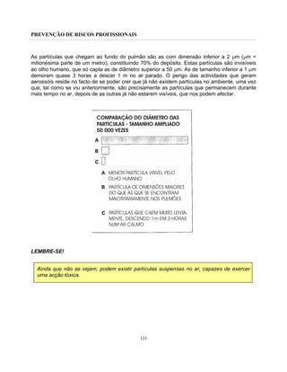 PREVENÇÃO DE RISCOS PROFISSIONAIS
123
As partículas que chegam ao fundo do pulmão são as com dimensão inferior a 2 µm (µm =
milionésima parte de um metro), constituindo 70% do depósito. Estas partículas são invisíveis
ao olho humano, que só capta as de diâmetro superior a 50 µm. As de tamanho inferior a 1 µm
demoram quase 3 horas a descer 1 m no ar parado. O perigo das actividades que geram
aerossóis reside no facto de se poder crer que já não existem partículas no ambiente, uma vez
que, tal como se viu anteriormente, são precisamente as partículas que permanecem durante
mais tempo no ar, depois de as outras já não estarem visíveis, que nos podem afectar.
LEMBRE-SE!
Ainda que não se vejam, podem existir partículas suspensas no ar, capazes de exercer
uma acção tóxica.
 