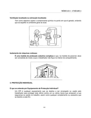 MÓDULO 2 – UNIDADE 4
160
Ventilação localizada ou extracção localizada:
Tem como objectivo captar o contaminante químico no ponto em que é gerado, evitando
que se espalhe no ambiente geral do local.
Isolamento de máquinas ruidosas:
É uma medida de protecção colectiva complexa e que, na medida do possível, deve
ser concebida de modo a que o trabalhador não fique no interior do compartimento.
3. PROTECÇÃO INDIVIDUAL
O que se entende por Equipamento de Protecção Individual?
Um EPI é qualquer equipamento que se destina a ser envergado ou usado pelo
trabalhador para proteger este último contra um ou vários riscos que ameacem a sua
segurança ou saúde no trabalho, assim como qualquer complemento ou acessório que
se destine a este fim.
 