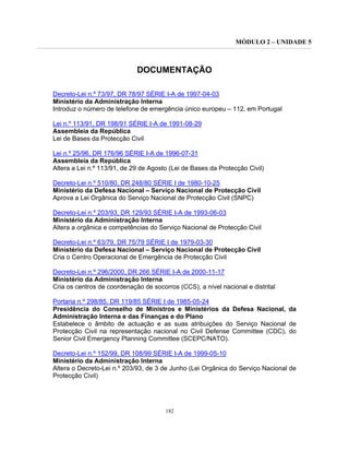 MÓDULO 2 – UNIDADE 5
182
DOCUMENTAÇÃO
Decreto-Lei n.º 73/97, DR 78/97 SÉRIE I-A de 1997-04-03
Ministério da Administração Interna
Introduz o número de telefone de emergência único europeu – 112, em Portugal
Lei n.º 113/91, DR 198/91 SÉRIE I-A de 1991-08-29
Assembleia da República
Lei de Bases da Protecção Civil
Lei n.º 25/96, DR 176/96 SÉRIE I-A de 1996-07-31
Assembleia da República
Altera a Lei n.º 113/91, de 29 de Agosto (Lei de Bases da Protecção Civil)
Decreto-Lei n.º 510/80, DR 248/80 SÉRIE I de 1980-10-25
Ministério da Defesa Nacional – Serviço Nacional de Protecção Civil
Aprova a Lei Orgânica do Serviço Nacional de Protecção Civil (SNPC)
Decreto-Lei n.º 203/93, DR 129/93 SÉRIE I-A de 1993-06-03
Ministério da Administração Interna
Altera a orgânica e competências do Serviço Nacional de Protecção Civil
Decreto-Lei n.º 63/79, DR 75/79 SÉRIE I de 1979-03-30
Ministério da Defesa Nacional – Serviço Nacional de Protecção Civil
Cria o Centro Operacional de Emergência de Protecção Civil
Decreto-Lei n.º 296/2000, DR 266 SÉRIE I-A de 2000-11-17
Ministério da Administração Interna
Cria os centros de coordenação de socorros (CCS), a nível nacional e distrital
Portaria n.º 298/85, DR 119/85 SÉRIE I de 1985-05-24
Presidência do Conselho de Ministros e Ministérios da Defesa Nacional, da
Administração Interna e das Finanças e do Plano
Estabelece o âmbito de actuação e as suas atribuições do Serviço Nacional de
Protecção Civil na representação nacional no Civil Defense Committee (CDC), do
Senior Civil Emergency Planning Committee (SCEPC/NATO).
Decreto-Lei n.º 152/99, DR 108/99 SÉRIE I-A de 1999-05-10
Ministério da Administração Interna
Altera o Decreto-Lei n.º 203/93, de 3 de Junho (Lei Orgânica do Serviço Nacional de
Protecção Civil)
 