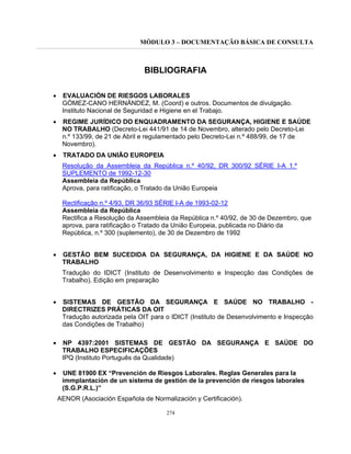 MÓDULO 3 – DOCUMENTAÇÃO BÁSICA DE CONSULTA
274
BIBLIOGRAFIA
• EVALUACIÓN DE RIESGOS LABORALES
GÓMEZ-CANO HERNÁNDEZ, M. (Coord) e outros. Documentos de divulgação.
Instituto Nacional de Seguridad e Higiene en el Trabajo.
• REGIME JURÍDICO DO ENQUADRAMENTO DA SEGURANÇA, HIGIENE E SAÚDE
NO TRABALHO (Decreto-Lei 441/91 de 14 de Novembro, alterado pelo Decreto-Lei
n.º 133/99, de 21 de Abril e regulamentado pelo Decreto-Lei n.º 488/99, de 17 de
Novembro).
• TRATADO DA UNIÃO EUROPEIA
Resolução da Assembleia da República n.º 40/92, DR 300/92 SÉRIE I-A 1.º
SUPLEMENTO de 1992-12-30
Assembleia da República
Aprova, para ratificação, o Tratado da União Europeia
Rectificação n.º 4/93, DR 36/93 SÉRIE I-A de 1993-02-12
Assembleia da República
Rectifica a Resolução da Assembleia da República n.º 40/92, de 30 de Dezembro, que
aprova, para ratificação o Tratado da União Europeia, publicada no Diário da
República, n.º 300 (suplemento), de 30 de Dezembro de 1992
• GESTÃO BEM SUCEDIDA DA SEGURANÇA, DA HIGIENE E DA SAÚDE NO
TRABALHO
Tradução do IDICT (Instituto de Desenvolvimento e Inspecção das Condições de
Trabalho). Edição em preparação
• SISTEMAS DE GESTÃO DA SEGURANÇA E SAÚDE NO TRABALHO -
DIRECTRIZES PRÁTICAS DA OIT
Tradução autorizada pela OIT para o IDICT (Instituto de Desenvolvimento e Inspecção
das Condições de Trabalho)
• NP 4397:2001 SISTEMAS DE GESTÃO DA SEGURANÇA E SAÚDE DO
TRABALHO ESPECIFICAÇÕES
IPQ (Instituto Português da Qualidade)
• UNE 81900 EX “Prevención de Riesgos Laborales. Reglas Generales para la
immplantación de un sistema de gestión de la prevención de riesgos laborales
(S.G.P.R.L.)”
AENOR (Asociación Española de Normalización y Certificación).
 
