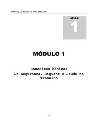PREVENÇÃO DE RISCOS PROFISSIONAIS
29
MÓDULO 1
Conceitos básicos
De Segurança, Higiene e Saúde no
Trabalho
Módulo
1
 
